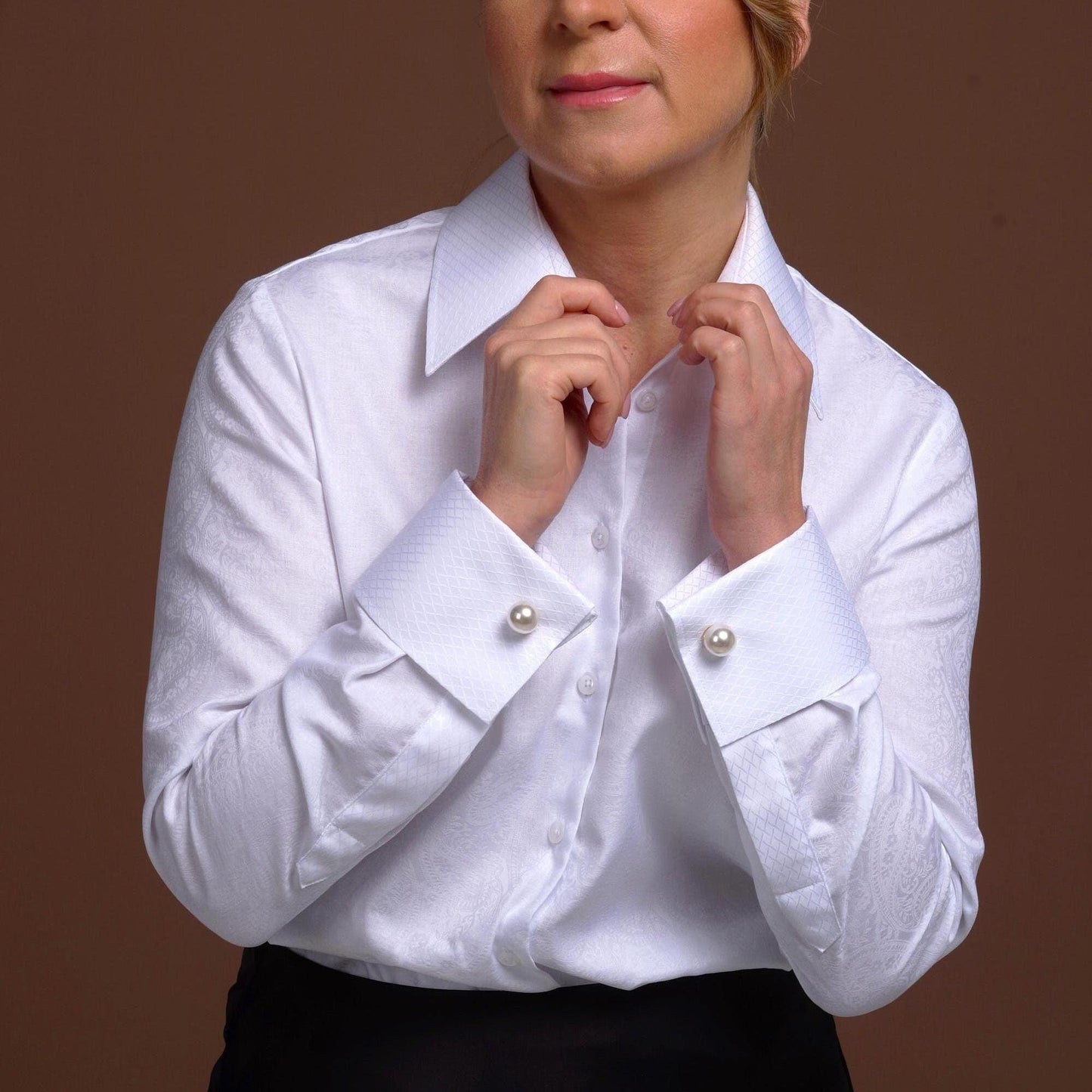 Elegant White Blouse with French Cuffs | Classic Women's Button-Down Shirt, Long Sleeve Paisley Top