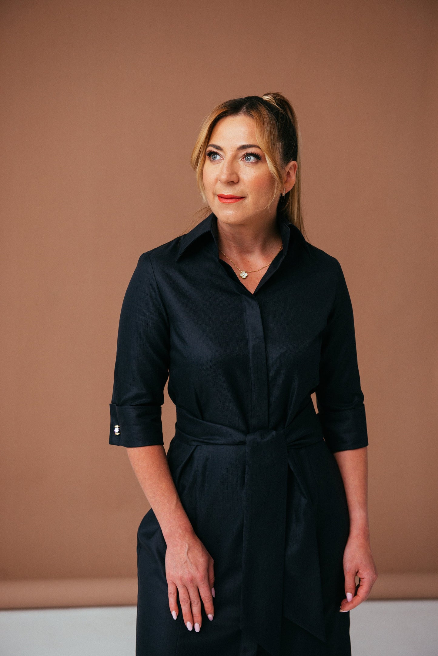 Black Cotton Midi Shirtdress: Belted Button-Down French Cuff Dress