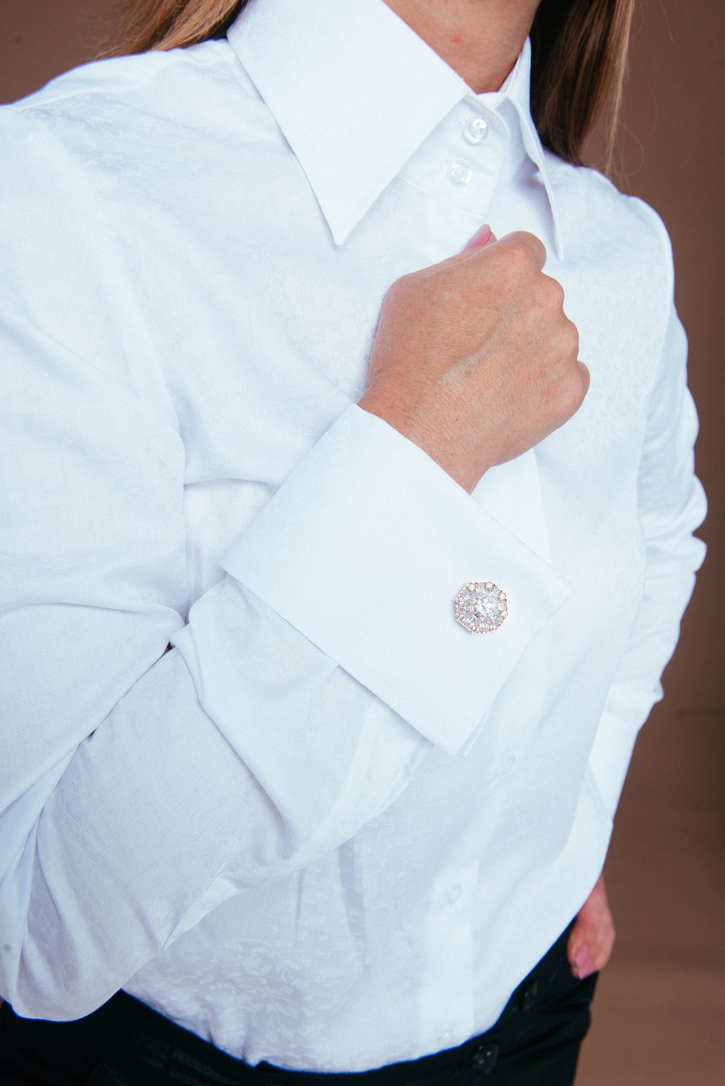 Luxury White Herringbone Blouse: High Collar French Cuff Cotton Shirt