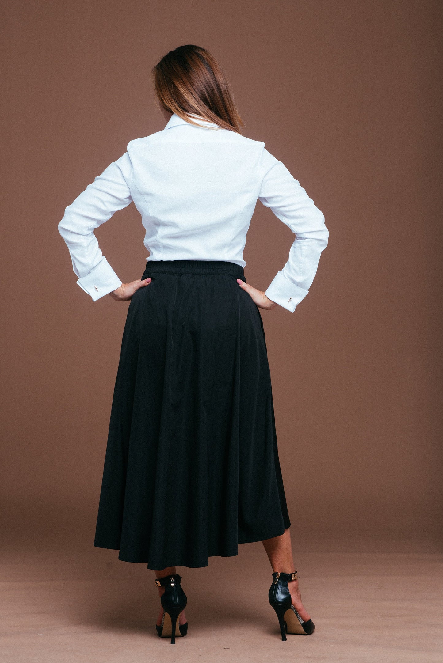 Fitted White Herringbone Blouse: French Cuff Cotton Shirt