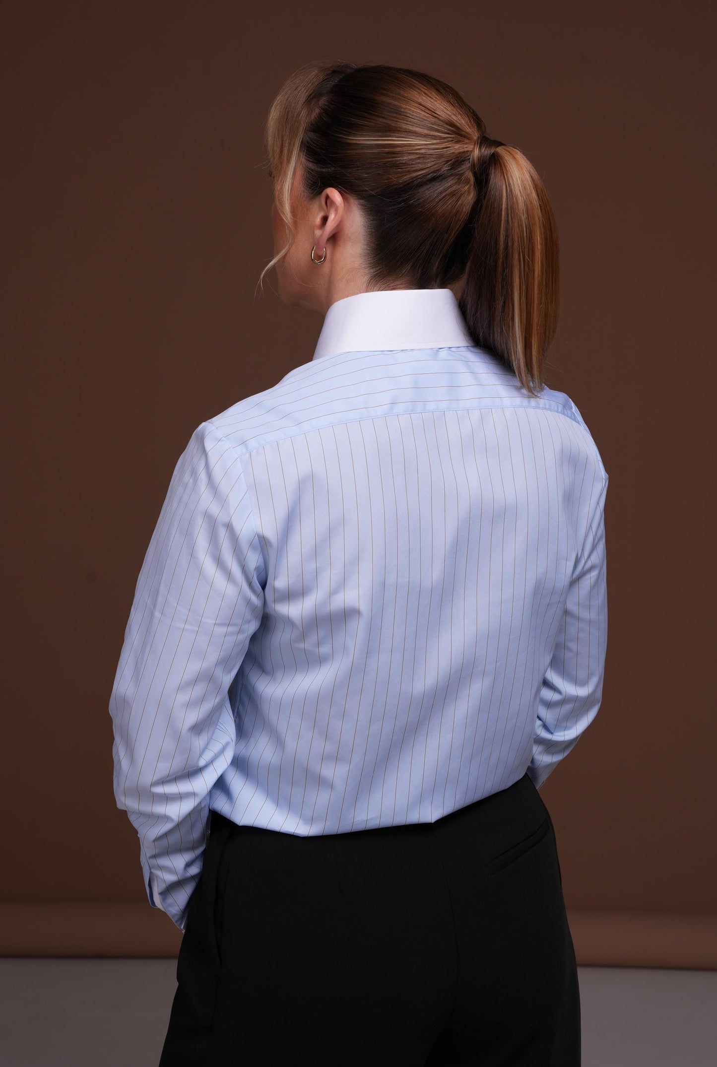 Blue Striped French Cuff Blouse for Cufflinks: High Collar Cotton Business Shirt