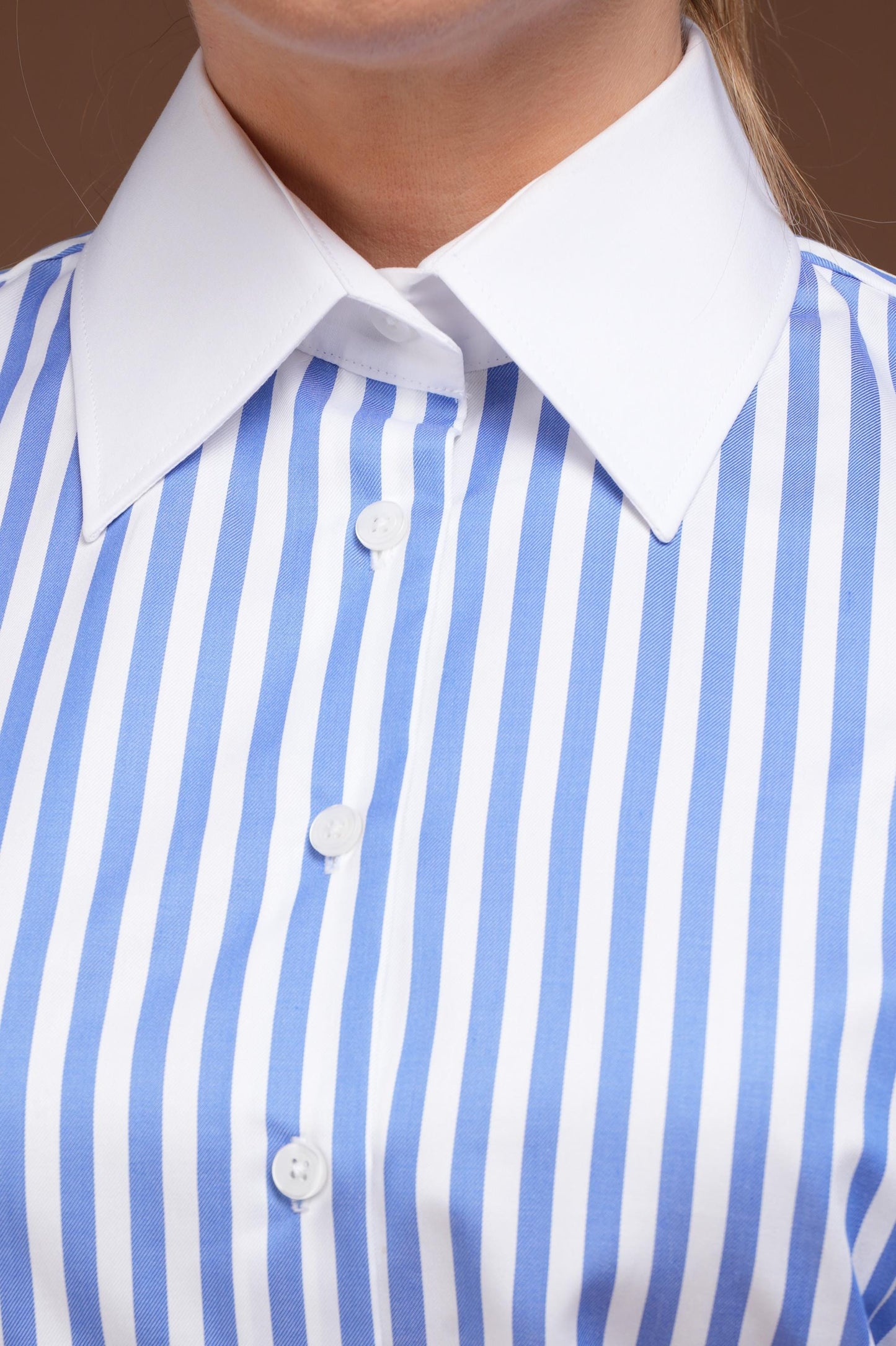 Blue Striped French Cuff Shirt: White Collar Cotton Blouse