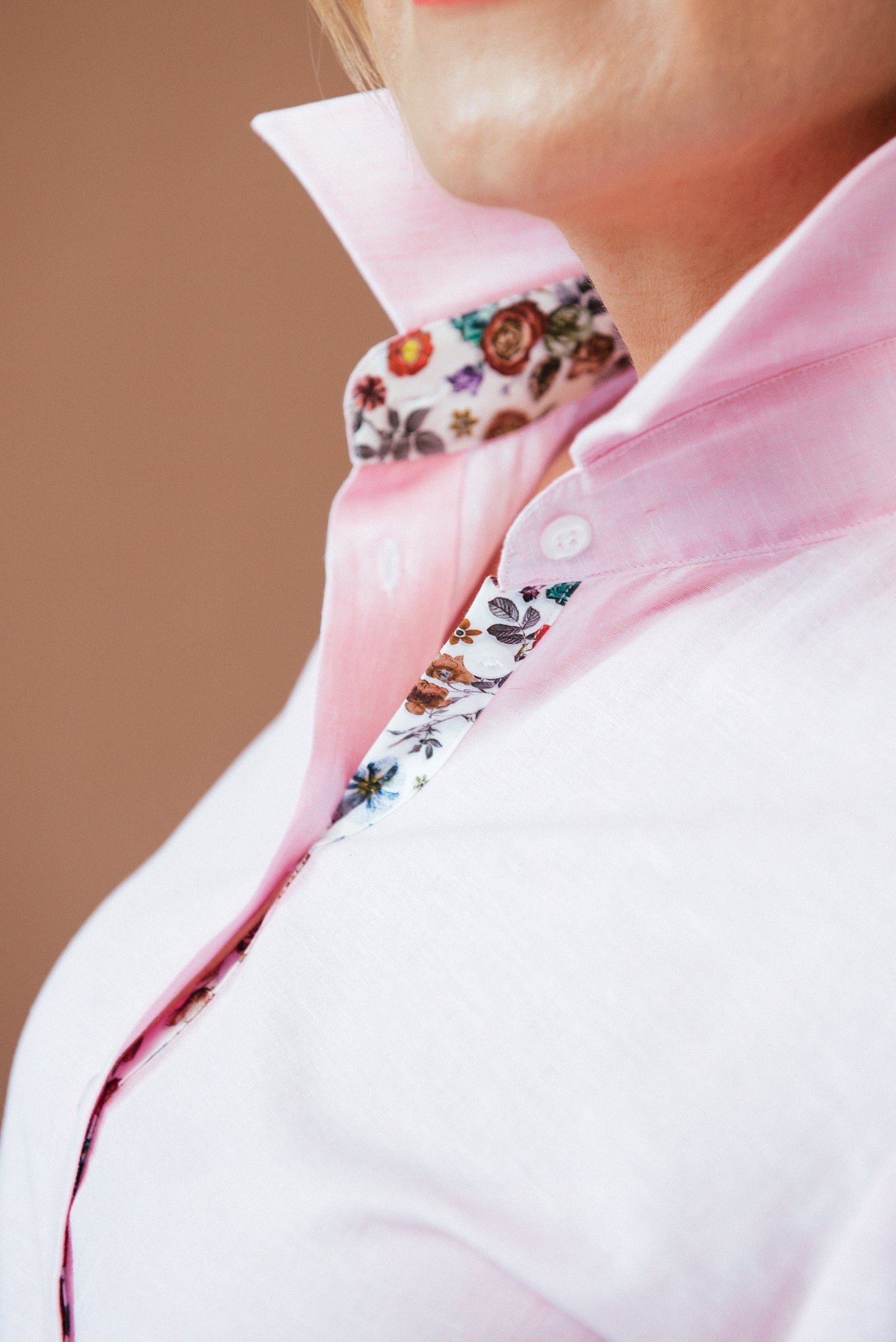 Pink Linen Cotton Shirt: Floral Accents, Long Sleeve Button Up