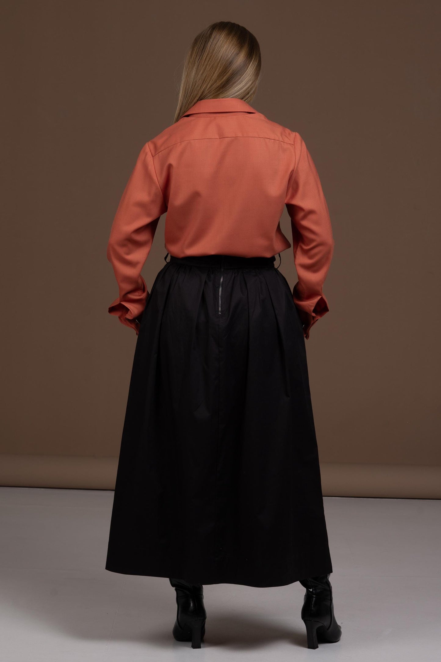 Merino Wool Shirt: Brick Orange French Cuff Button-Up Blouse