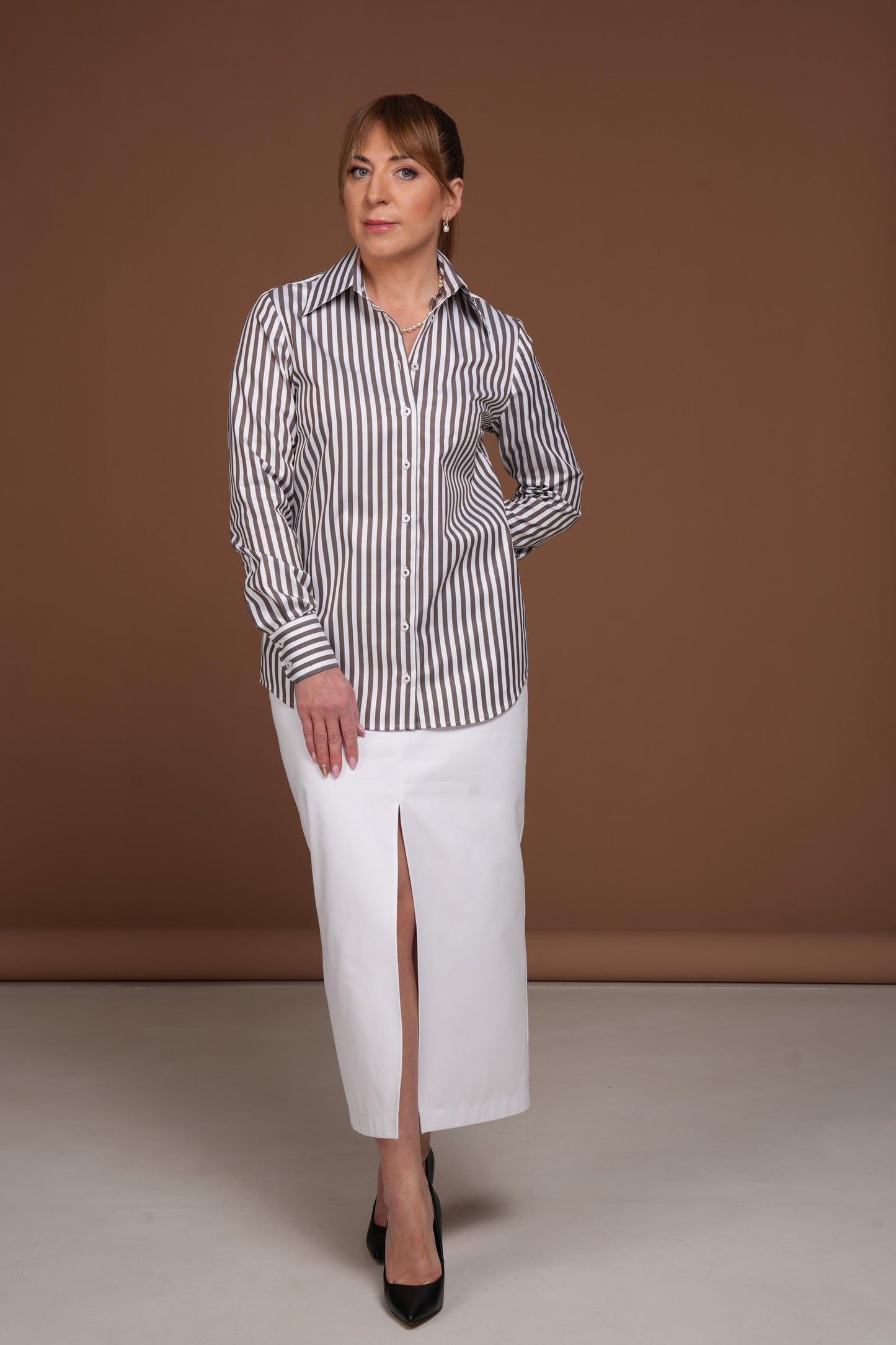 Brown and White Striped Cotton Blouse: European Made Easy Care Shirt