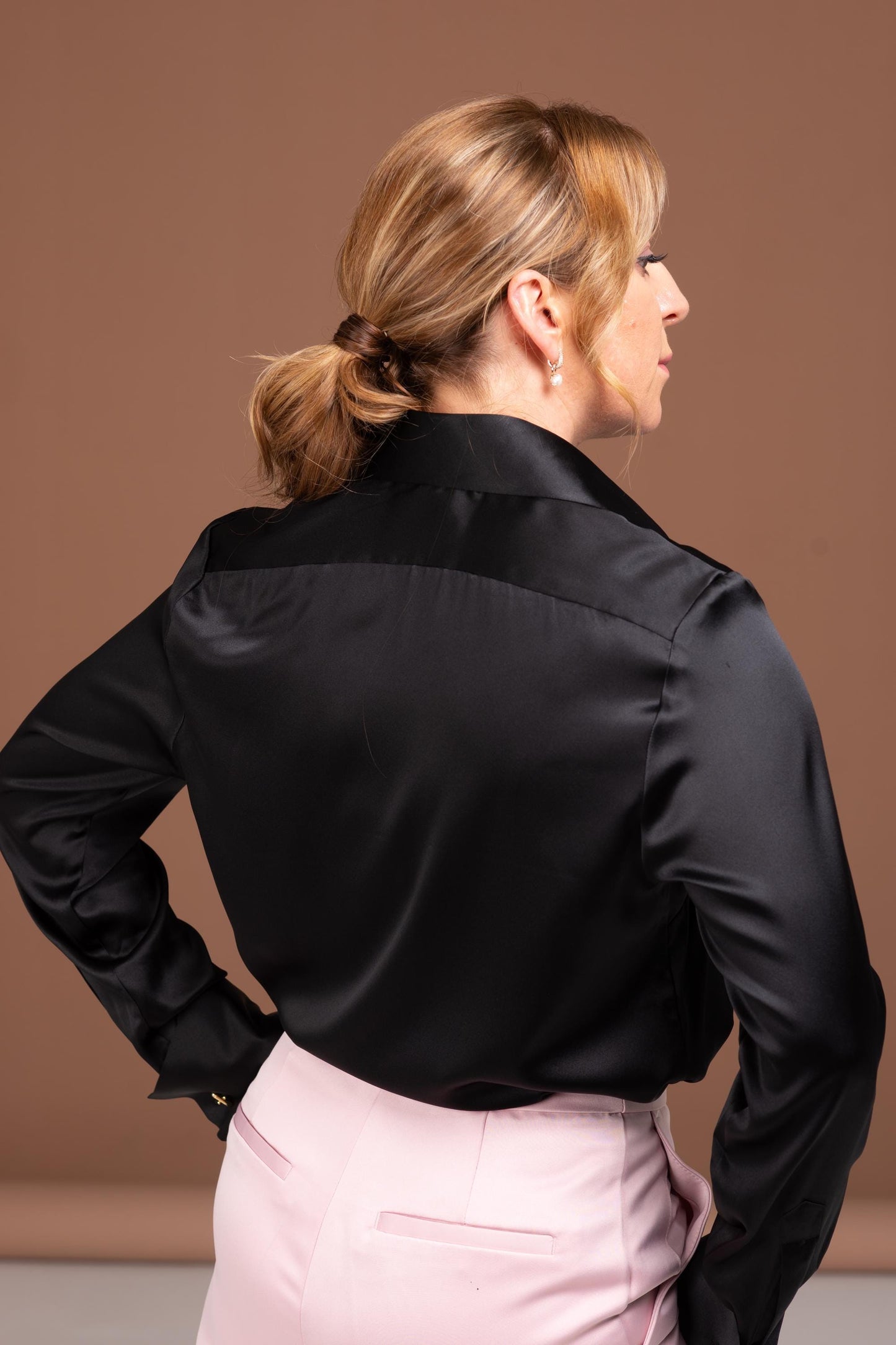 Mulberry Silk Blouse: Black French Cuff Button-Up Shirt