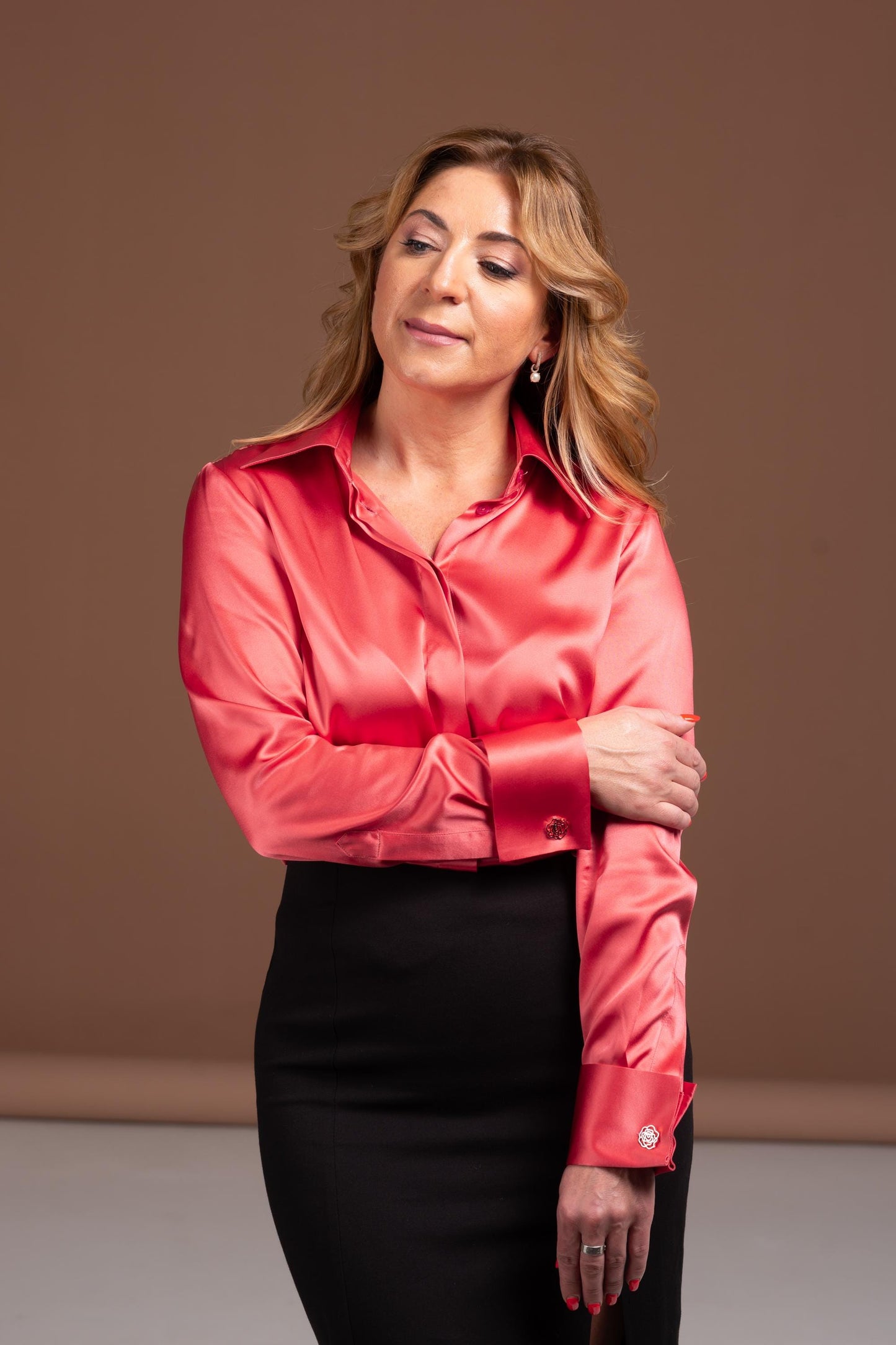 Mulberry Silk Blouse: Coral Red French Cuff Button-Down Shirt