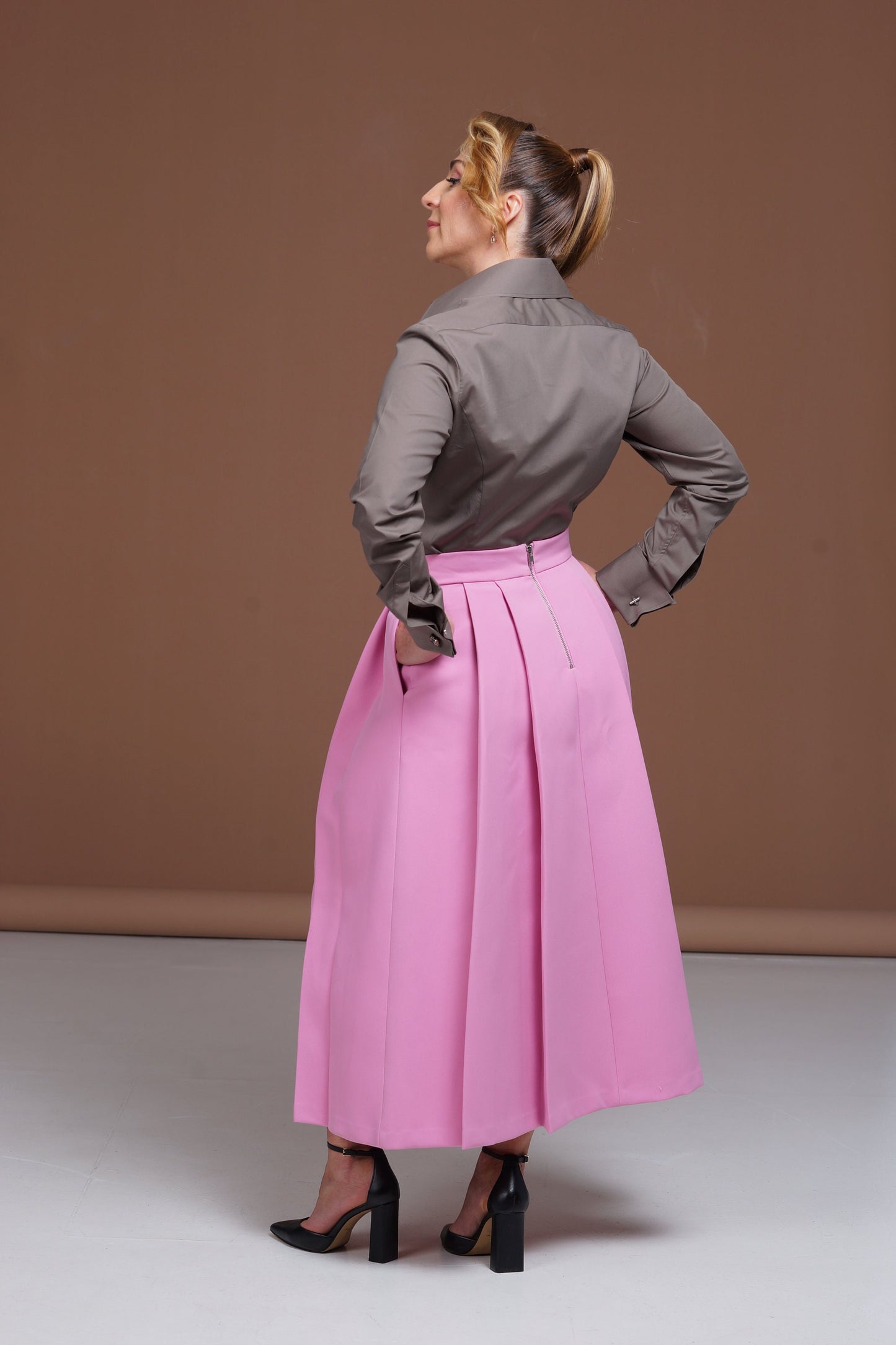 Brown Cotton French Cuff Blouse: High Collar Slim Fit Shirt