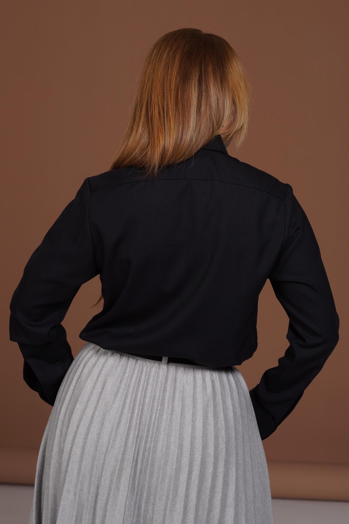 Merino Wool French Cuff Blouse: Elegant Black Button-Up Office Shirt