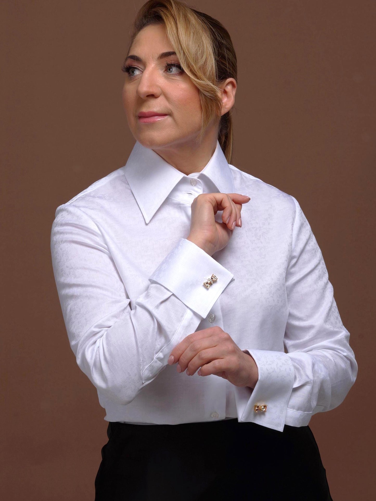 Floral Texture French Cuff Blouse: High Collar 100% Cotton Shirt for Women