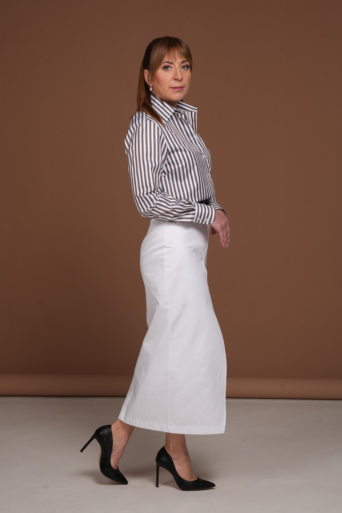 Brown and White Striped Cotton Blouse: European Made Easy Care Shirt