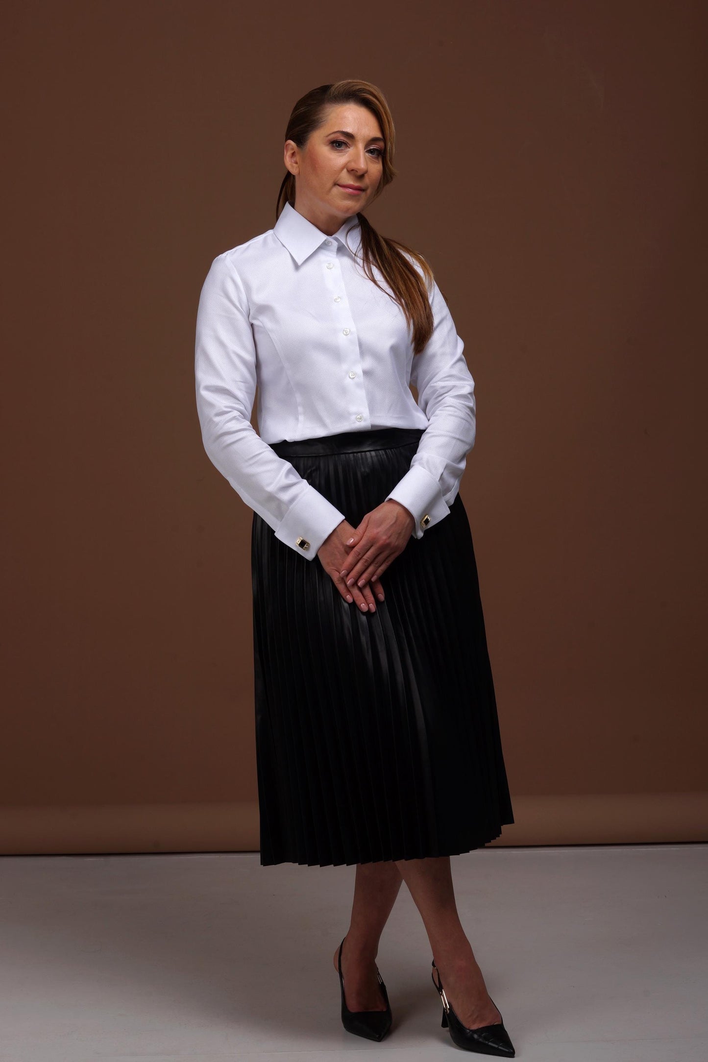 Fitted White Cotton Shirt: French Cuff Blouse, Classic Collar Business Dress Shirt