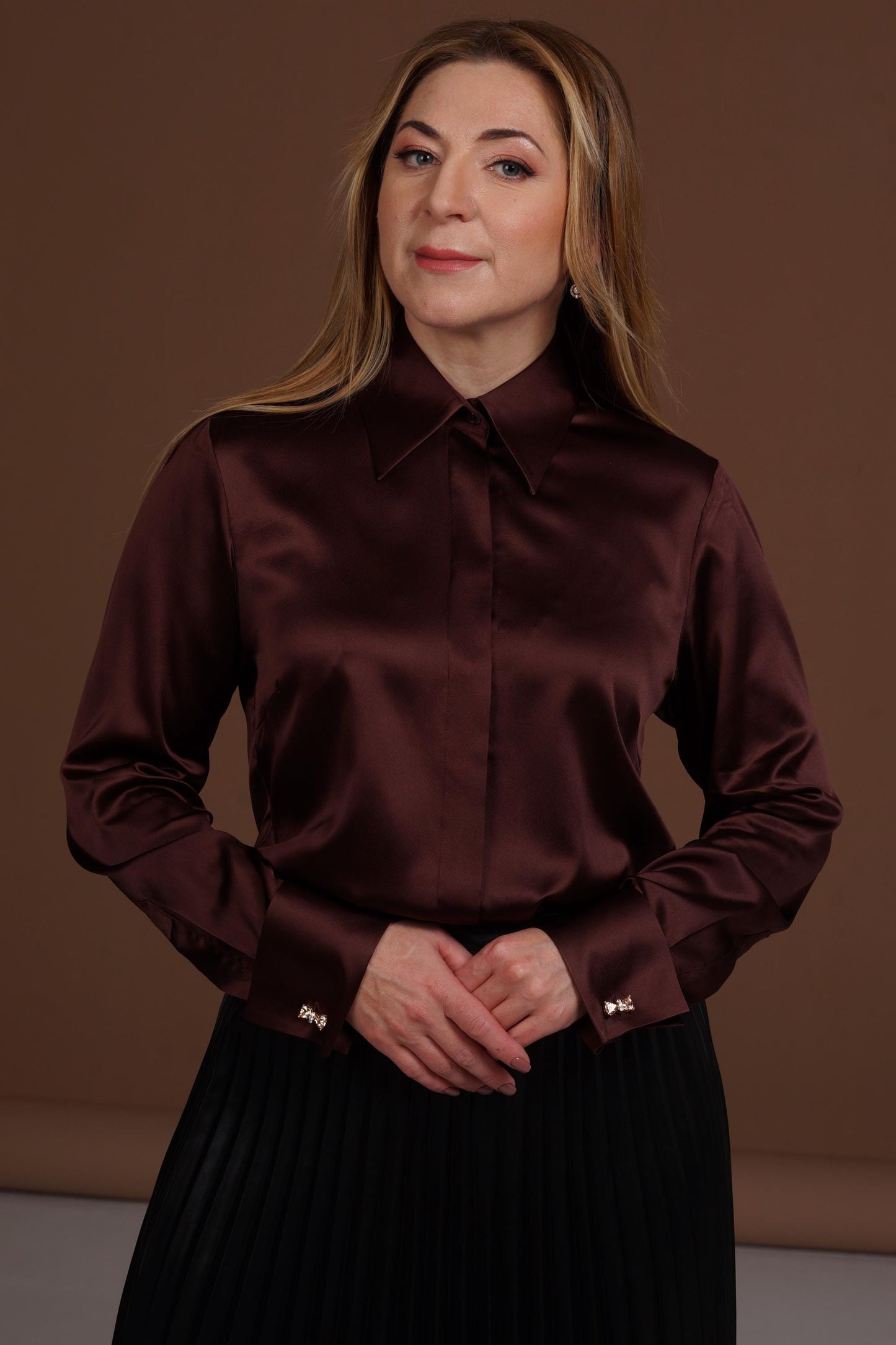 Mulberry Silk Blouse: Brown French Cuff Button-Down Shirt
