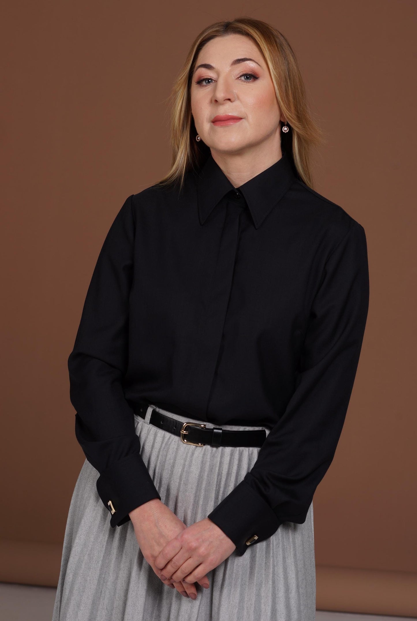 Merino Wool French Cuff Blouse: Elegant Black Button-Up Office Shirt