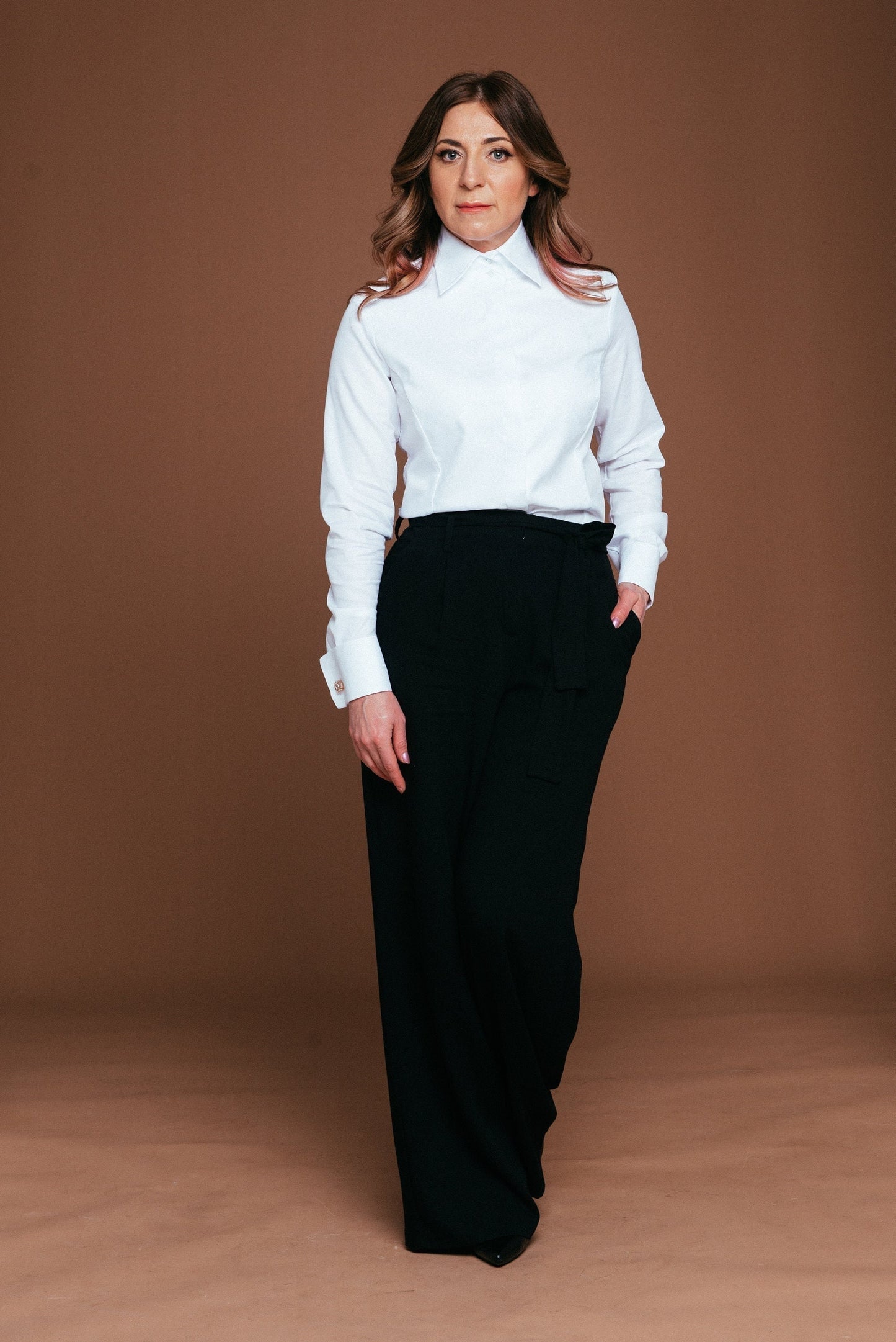 Non-Iron White Oxford Blouse: French Cuff Tuxedo Shirt