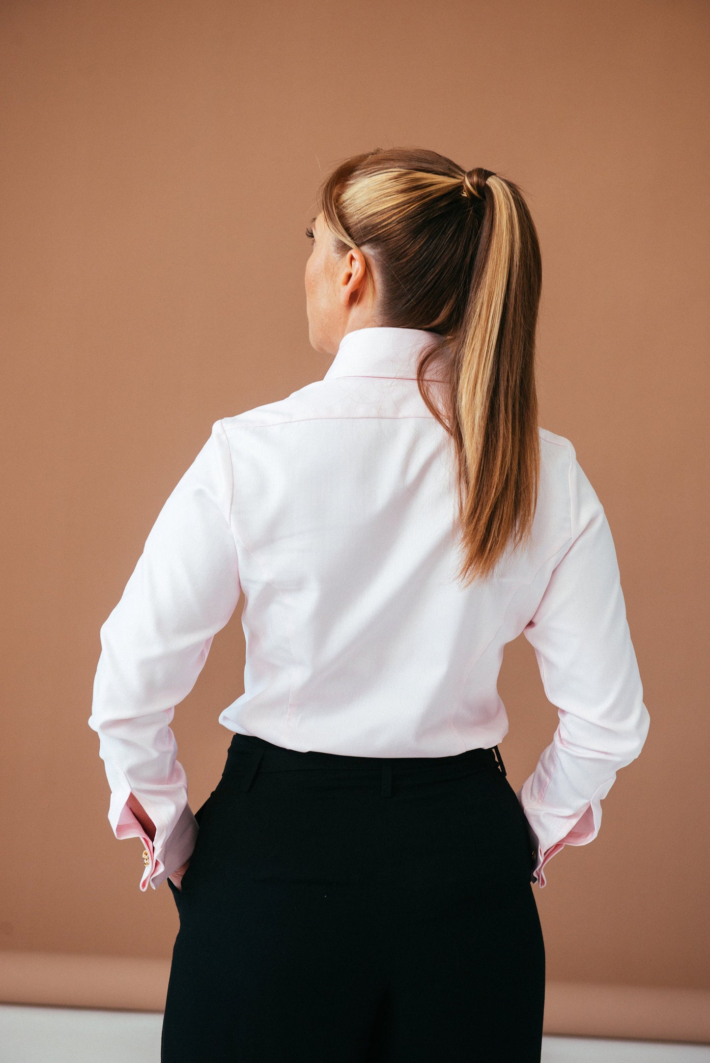 Pink Herringbone French Cuff Blouse: High Collar Cotton Shirt