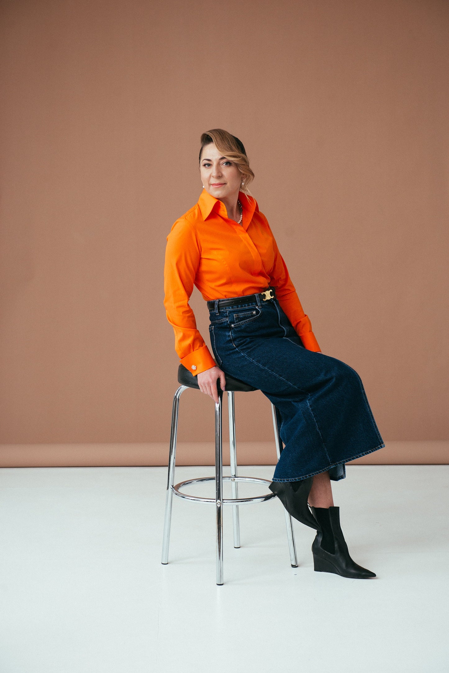 Orange French Cuff Blouse: Stretch Cotton High Collar Shirt