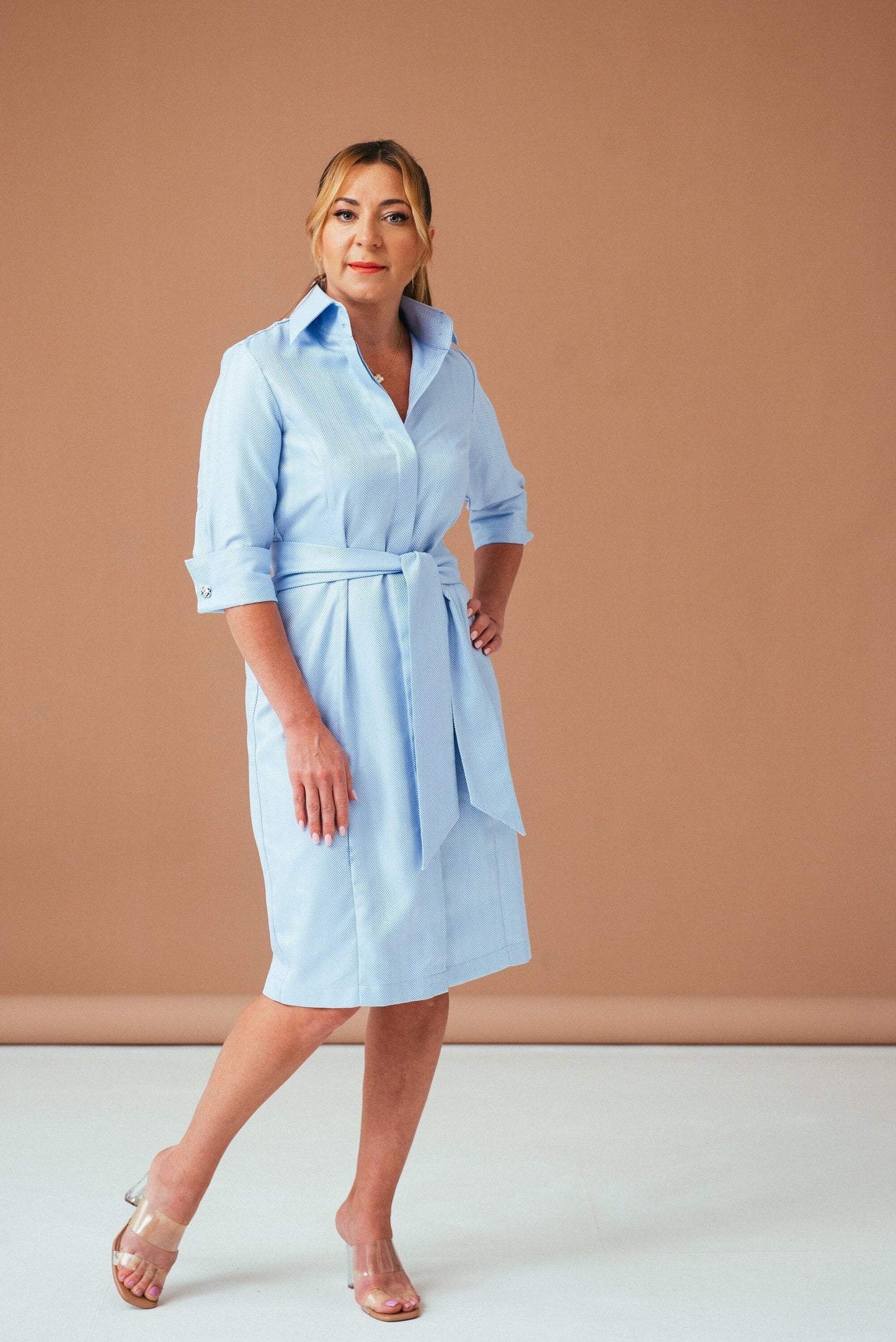 Blue Cotton Midi Shirt Dress: Elegant Belted French Cuff Style