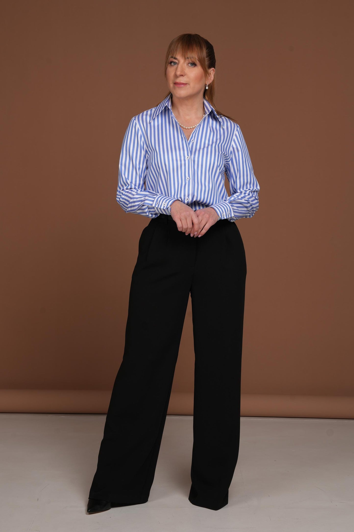 Women's Blue Striped Cotton Shirt – Classic Button Down Shirt – Premium Quality Business Shirt – Straight Cut Blouse – Office Wear