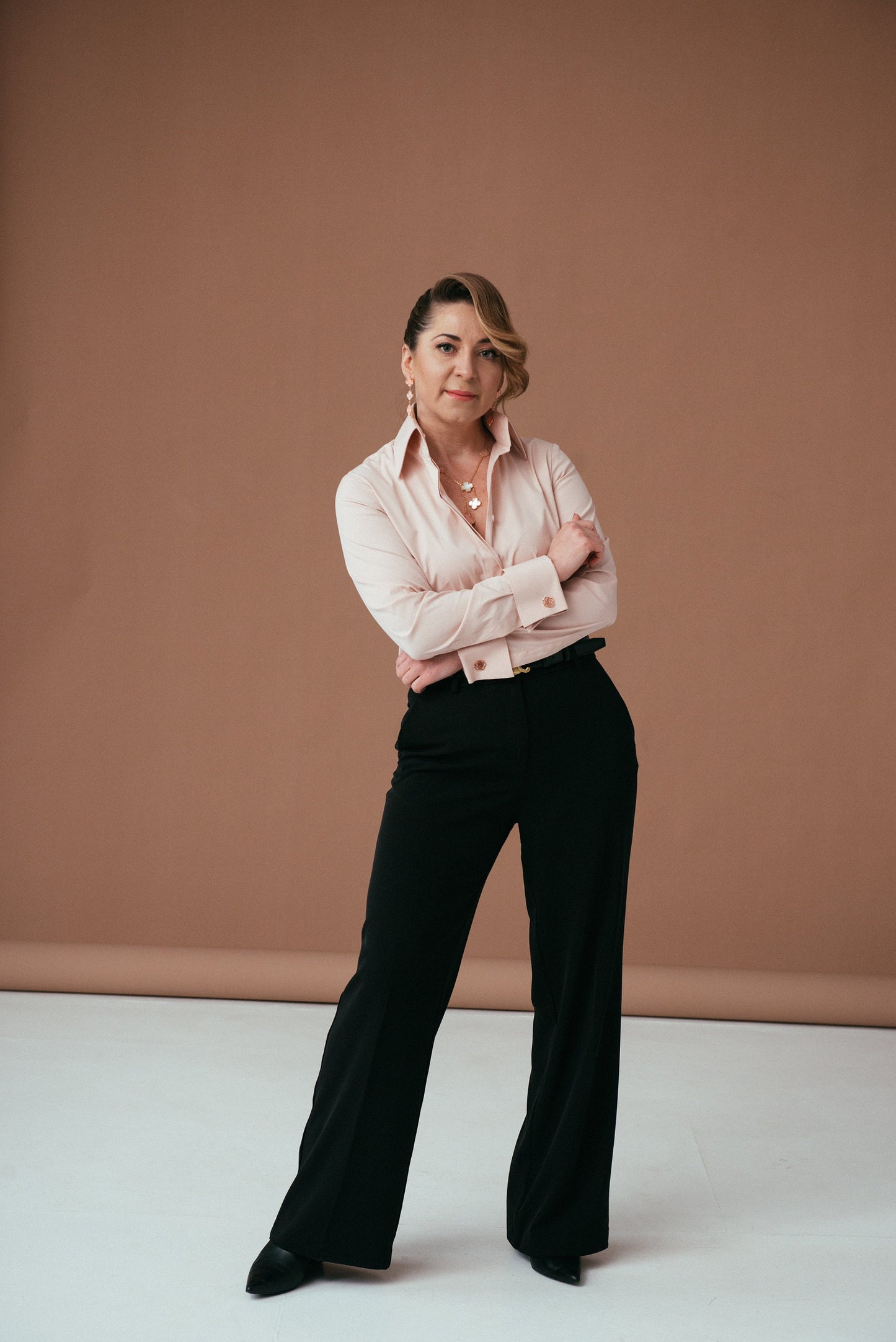 Pastel Pink Cotton French Cuff Blouse: Fitted High Collar Shirt