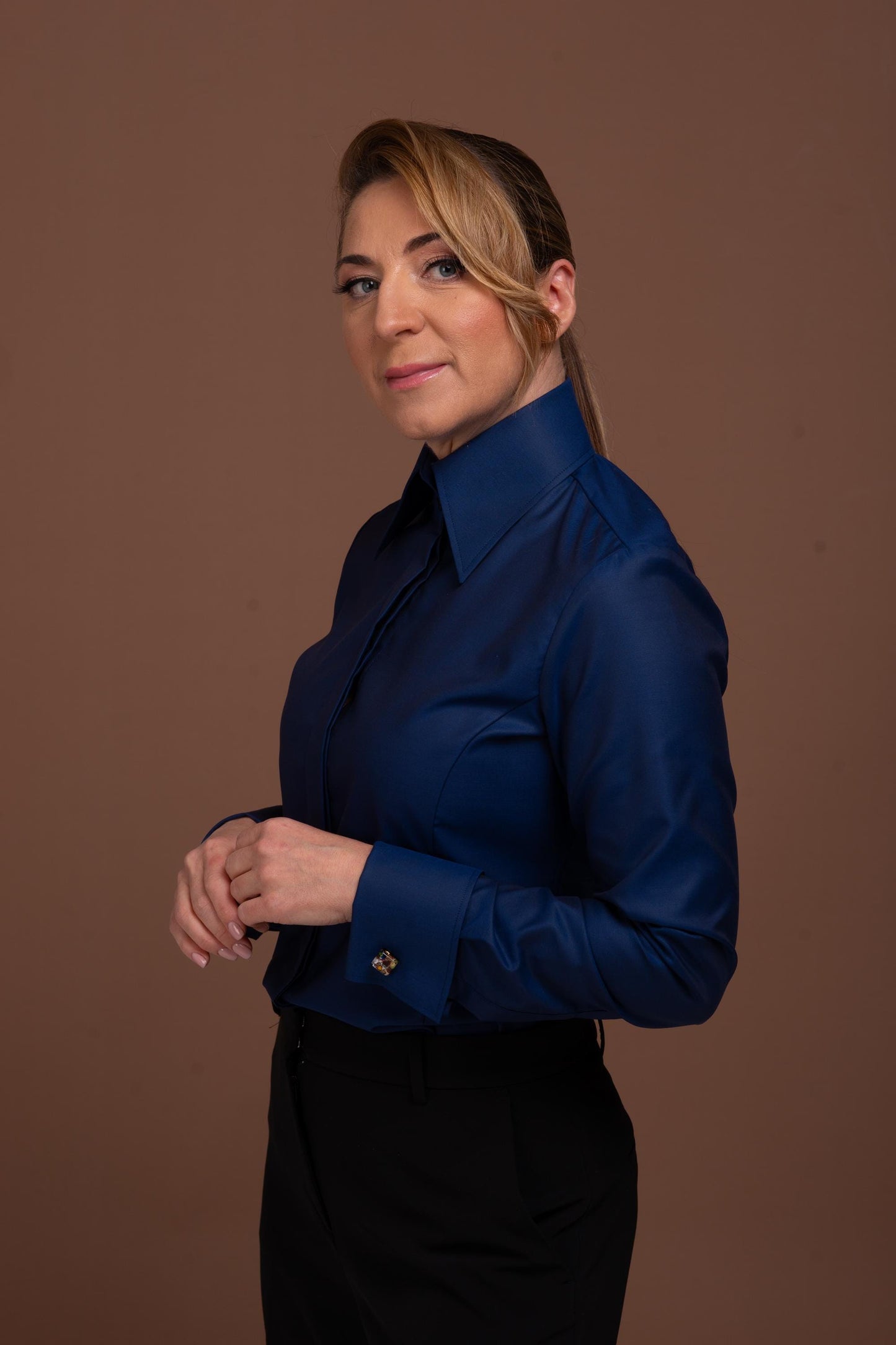 Navy Blue French Cuff Shirt: Fitted Easy Care Cotton Blouse