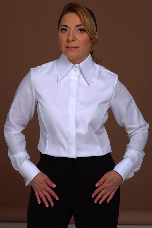 Non-Iron Oxford Women’s Shirt: French Cuff, High Collar