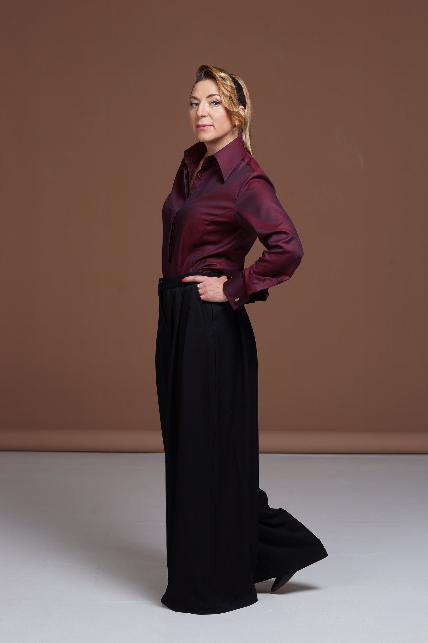 Burgundy French Cuff Blouse: Non-Iron Cotton, High Collar