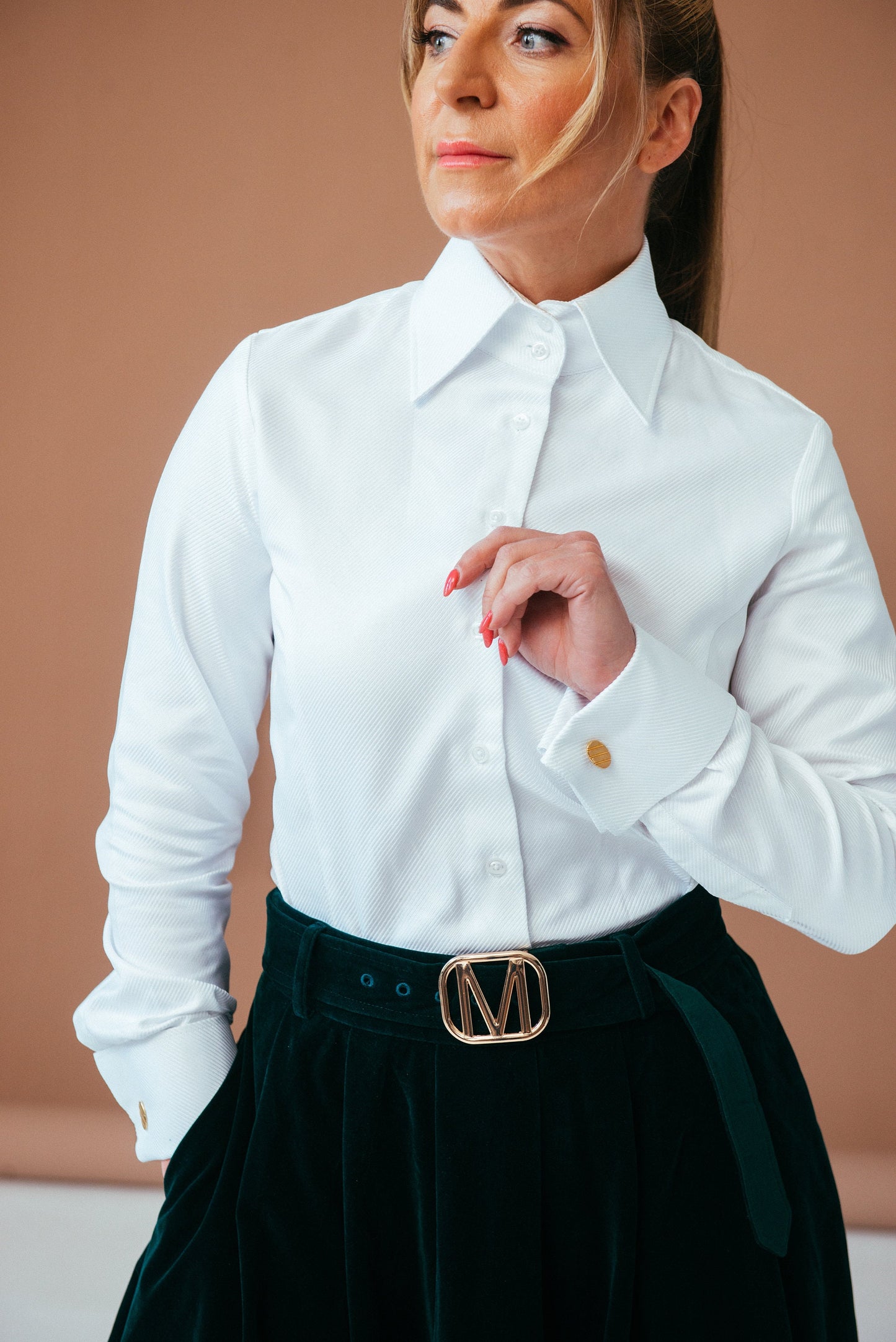 Elegant Business White French Cuff Blouse: High Collar Cotton Shirt