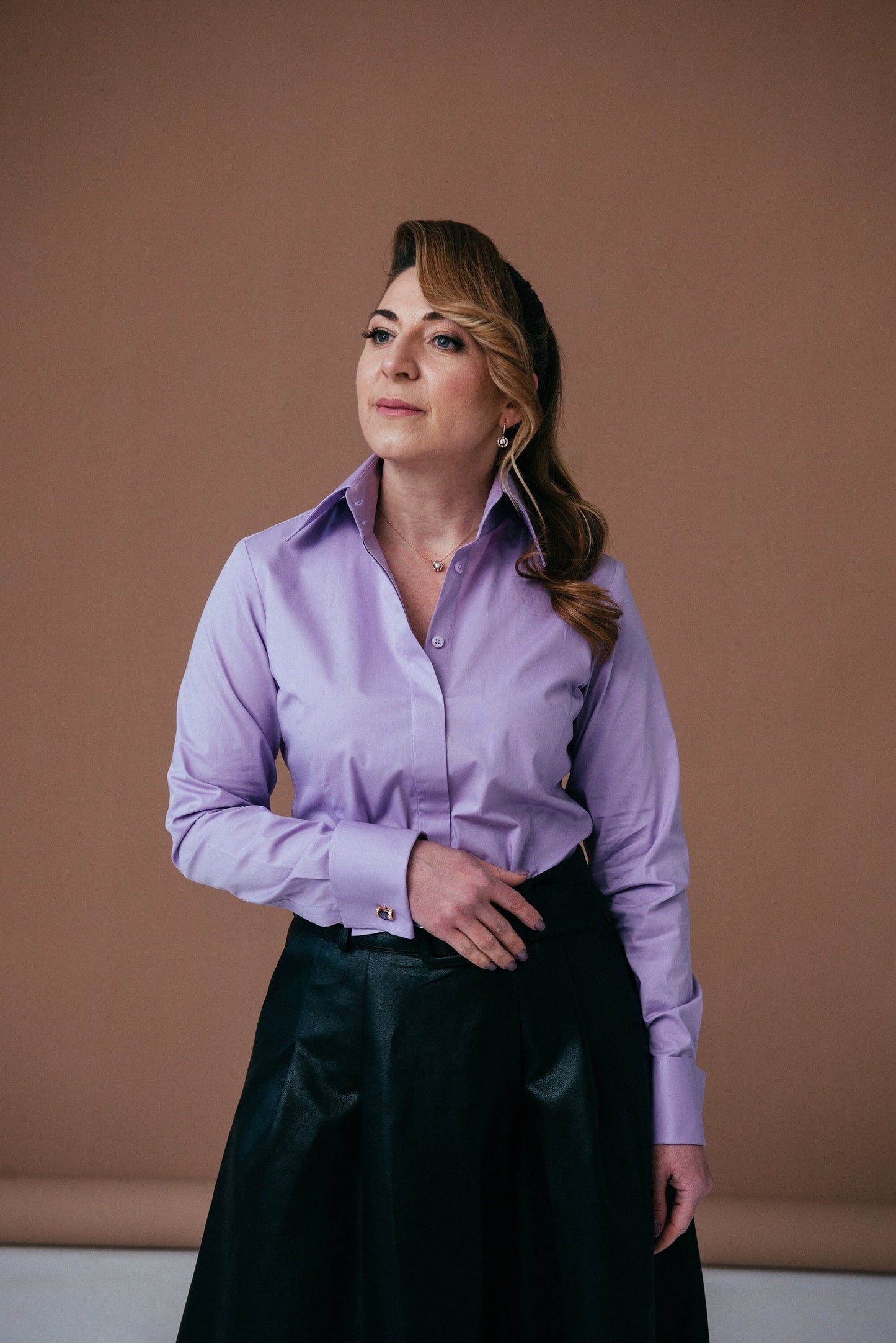 Purple French Cuff Blouse: Stretch Cotton High Collar Shirt