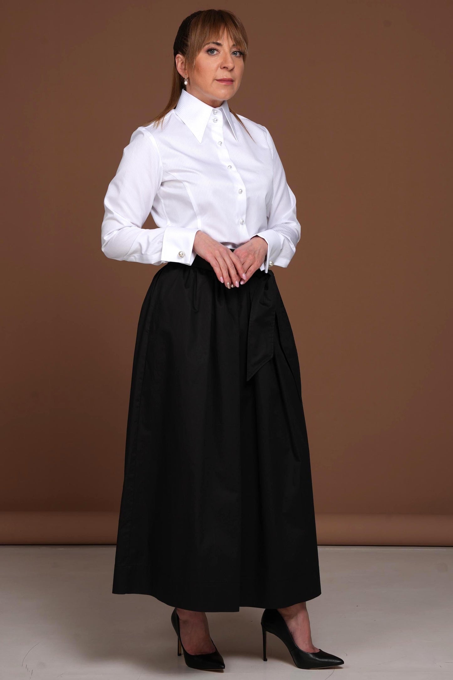 White Fitted Blouse, Elegant White French Cuff Shirt for Women, High Collar Blouse with Mother-of-Pearl Buttons, 100% Premium Cotton