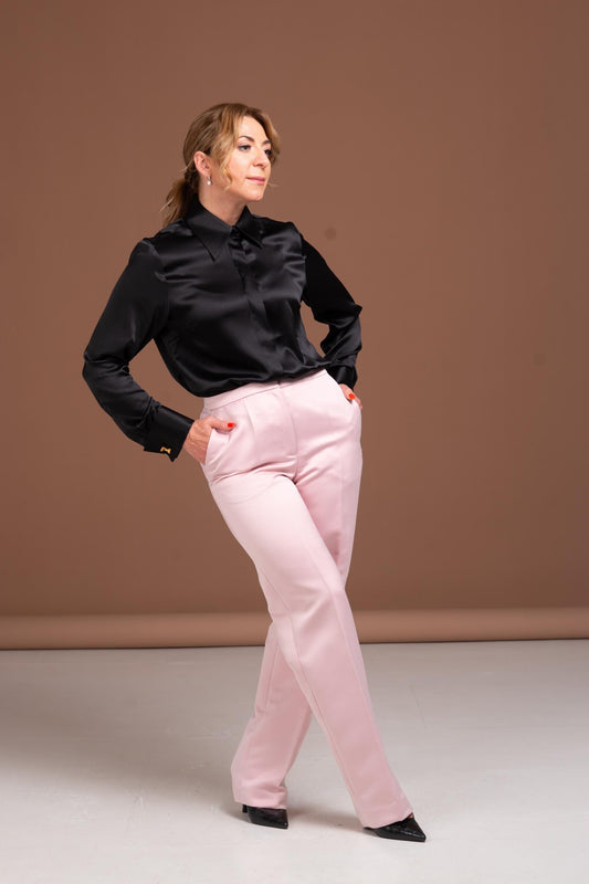 Mulberry Silk Blouse: Black French Cuff Button-Up Shirt