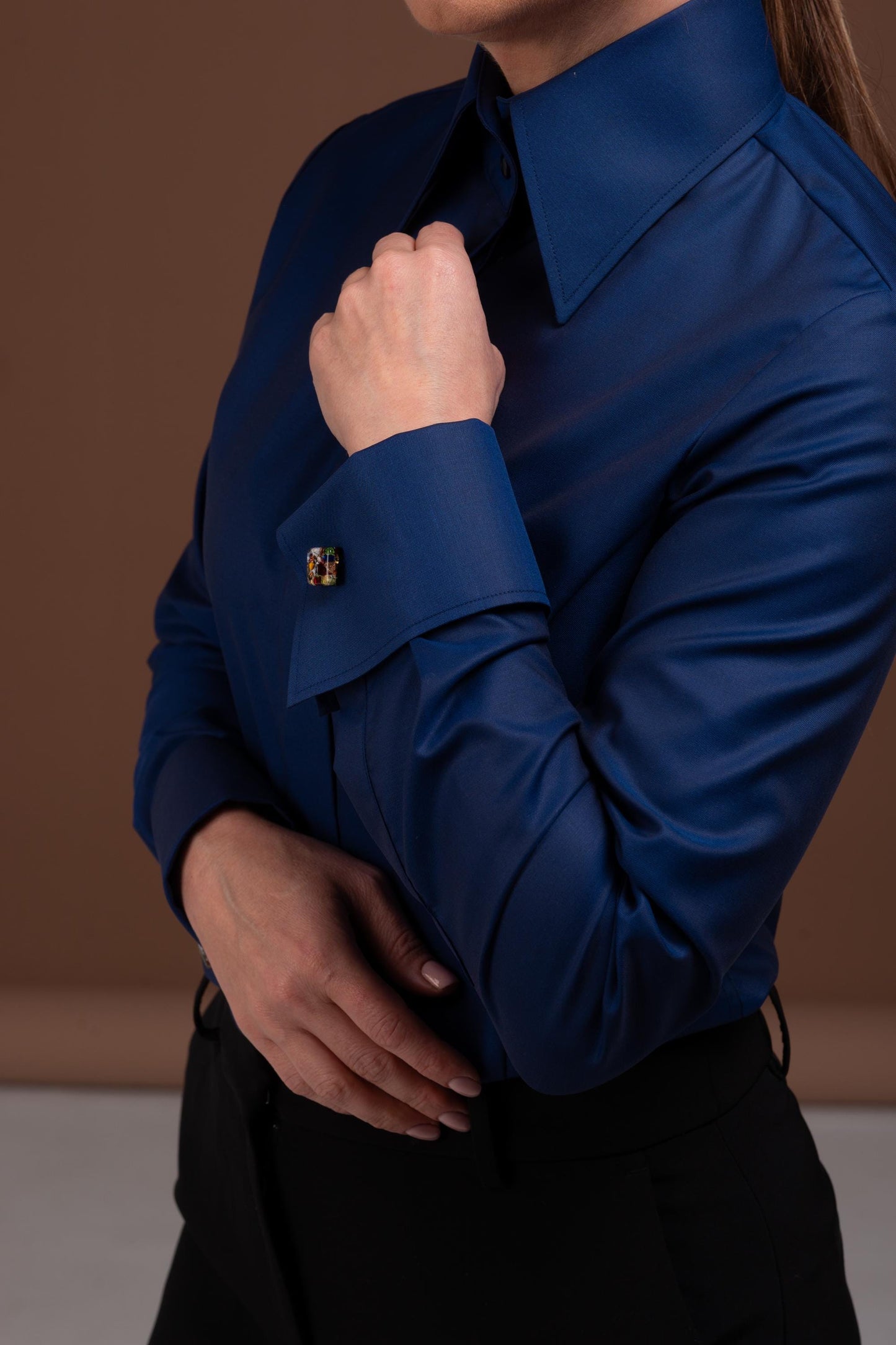 Navy Blue French Cuff Shirt: Fitted Easy Care Cotton Blouse