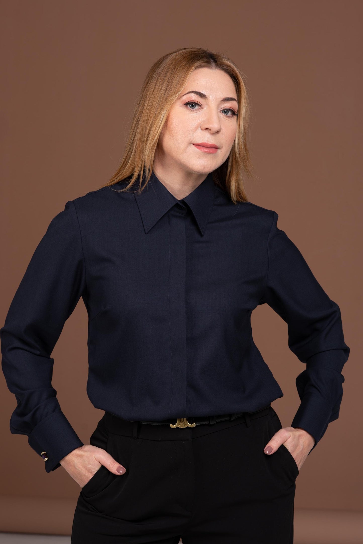 Luxury Navy Merino Wool French Cuff Shirt - Women's Business Blouse