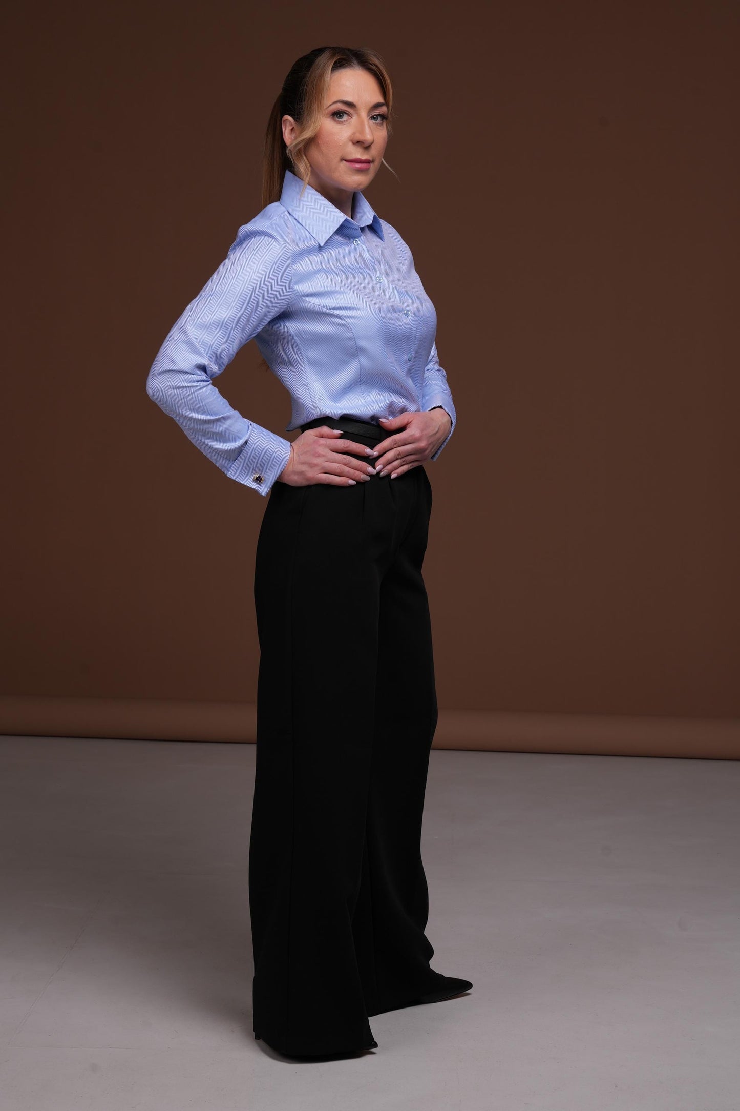 Blue French Cuff Blouse: Elegant 100% Cotton Easy Care Shirt