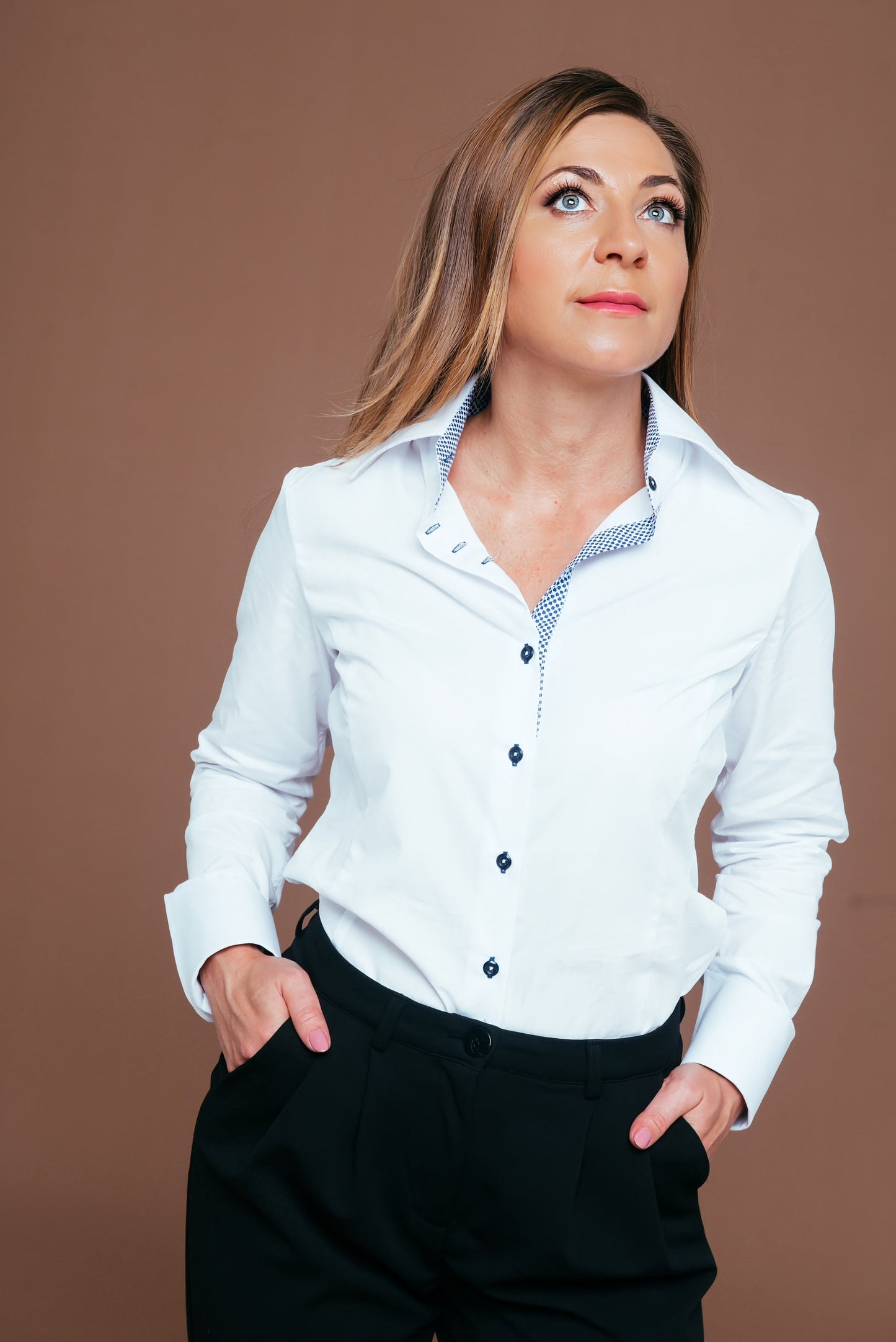 White Cotton Blouse: High Collar Button-Up Shirt with Blue Contrast