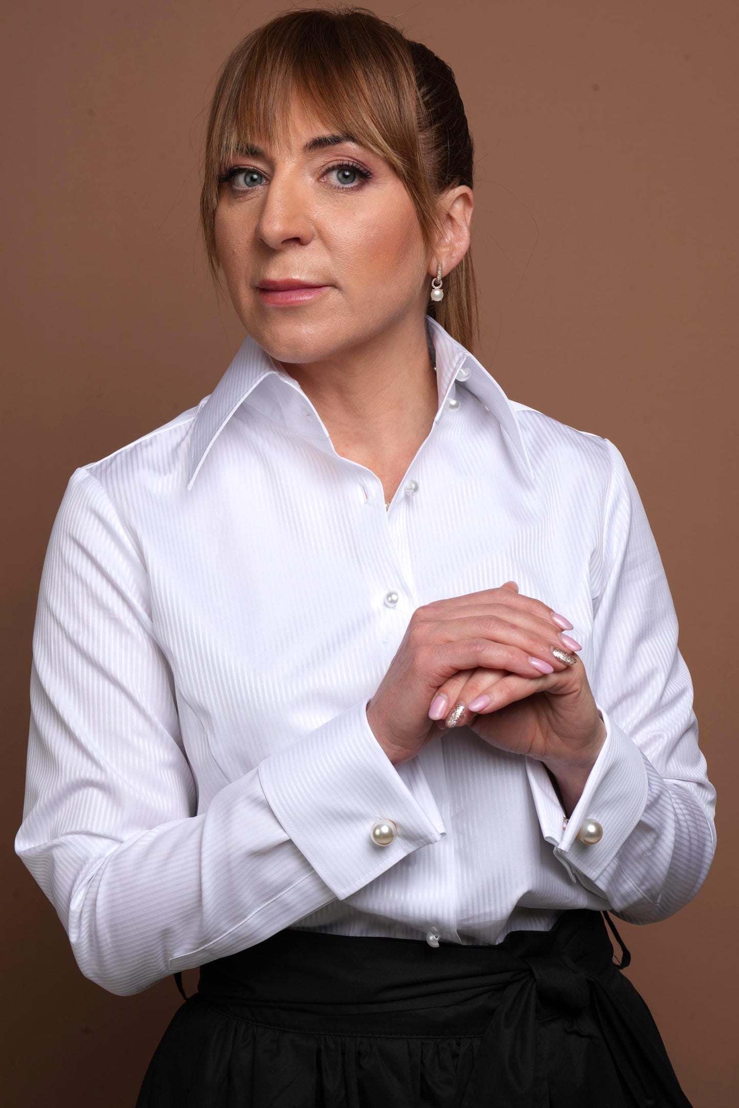 White Fitted Blouse, Elegant White French Cuff Shirt for Women, High Collar Blouse with Mother-of-Pearl Buttons, 100% Premium Cotton