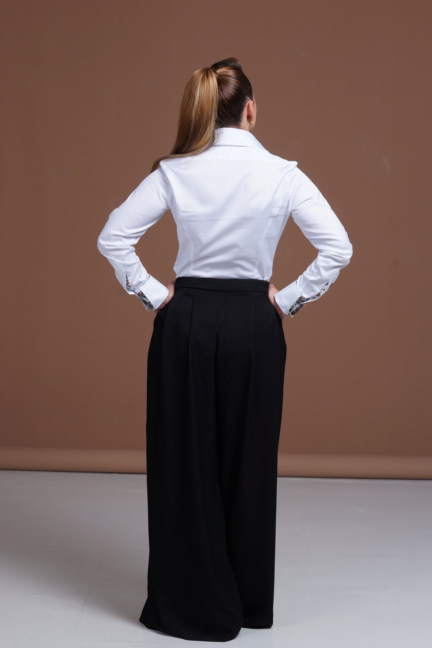 White Stretch Cotton Shirt: Women's High Neck Blouse with Floral Cuffs