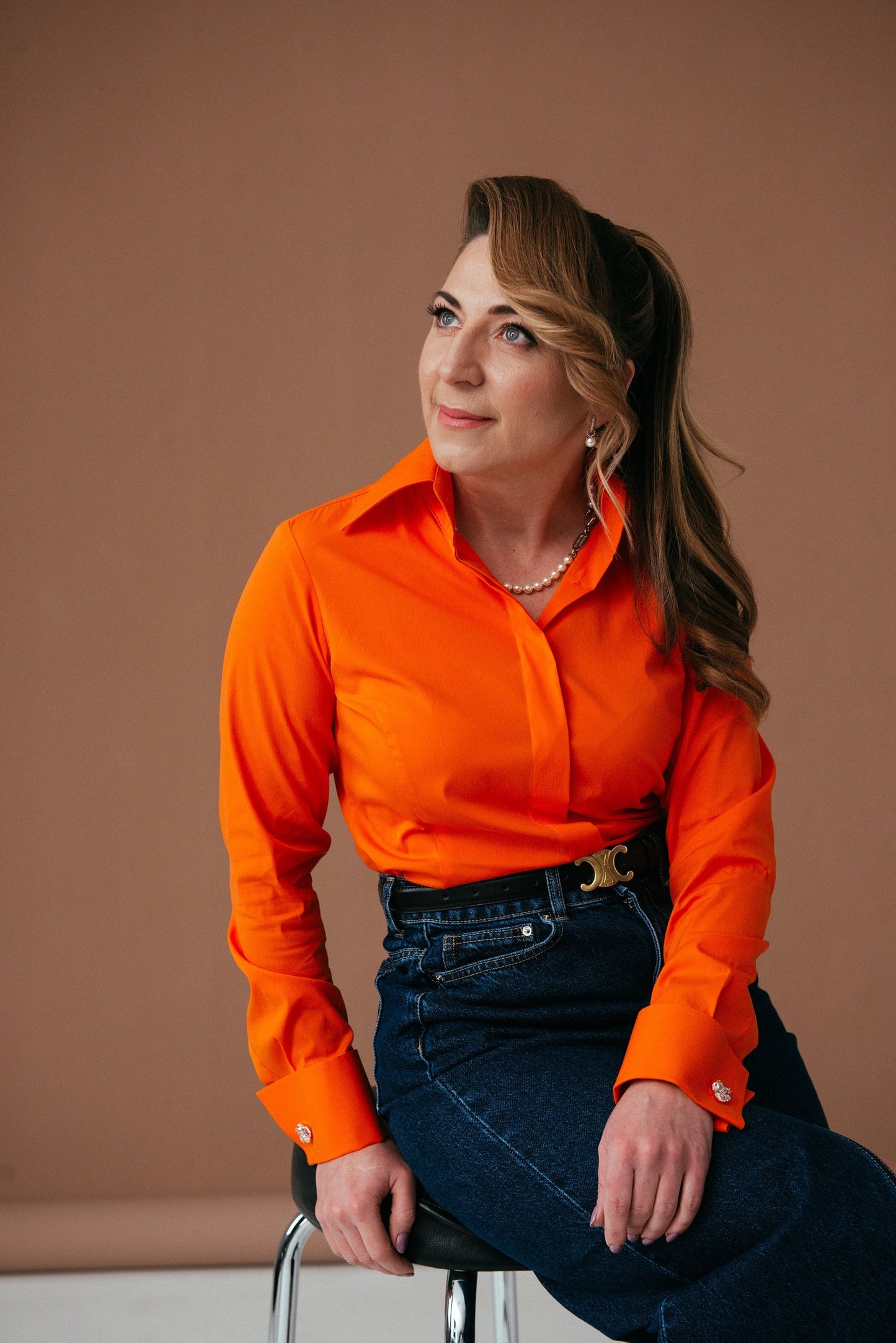 Orange French Cuff Blouse: Stretch Cotton High Collar Shirt