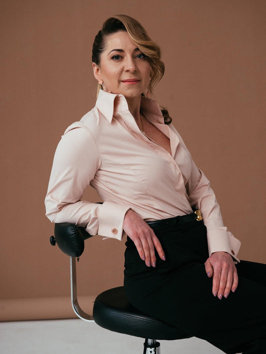 Pastel Pink Cotton French Cuff Blouse: Fitted High Collar Shirt