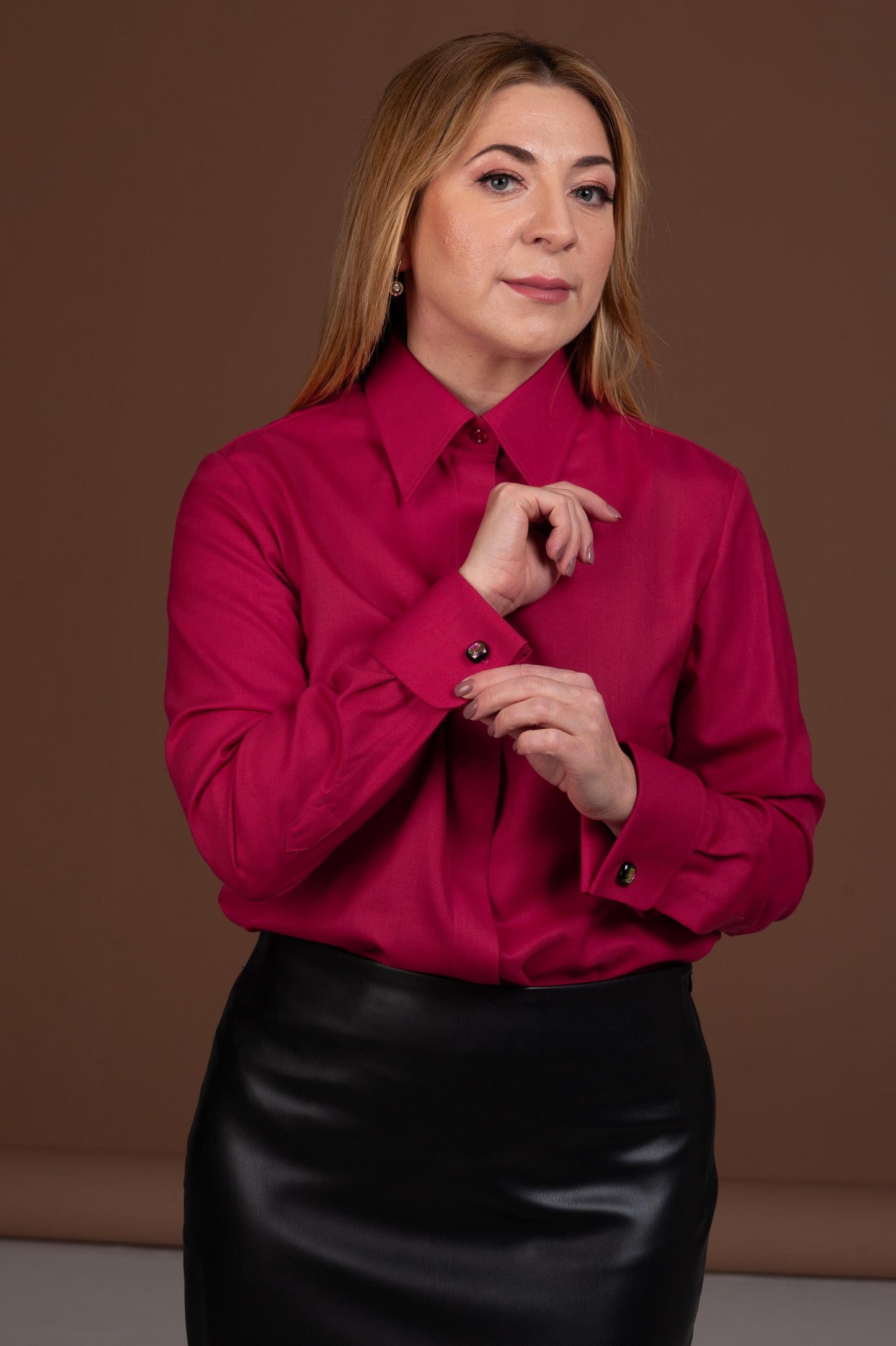 Red Merino Wool Shirt: Elegant French Cuff Button-Down Blouse