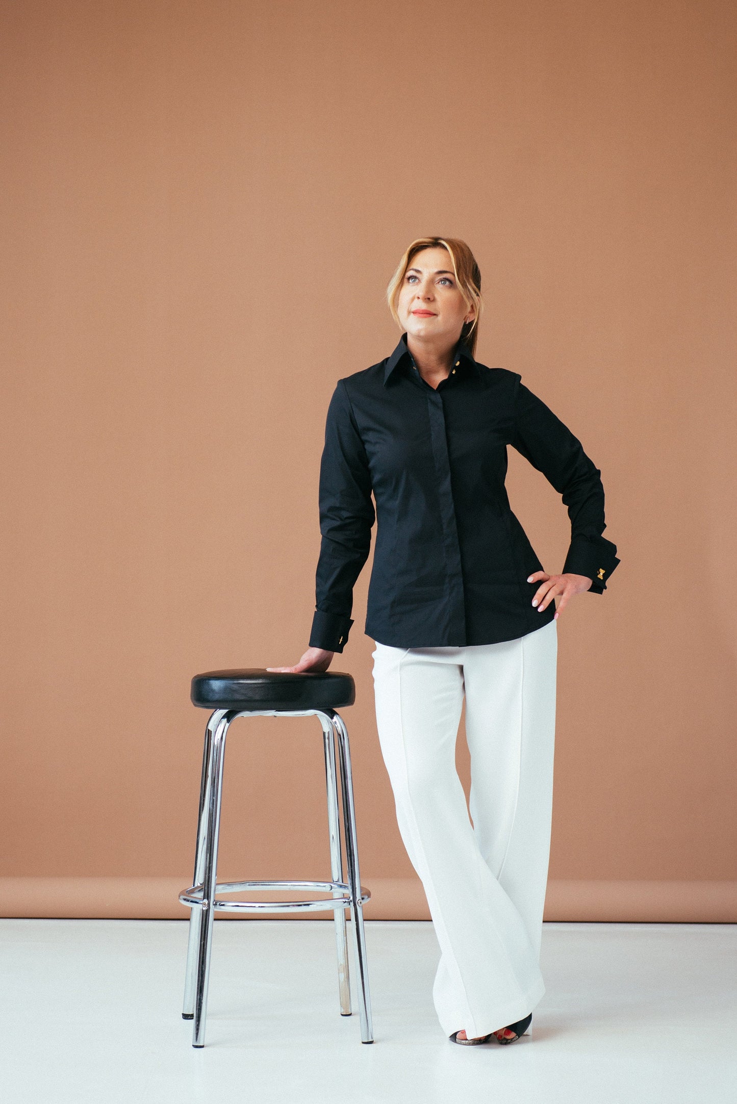 Black French Cuff Blouse: Slim Fit High Collar Cotton Shirt
