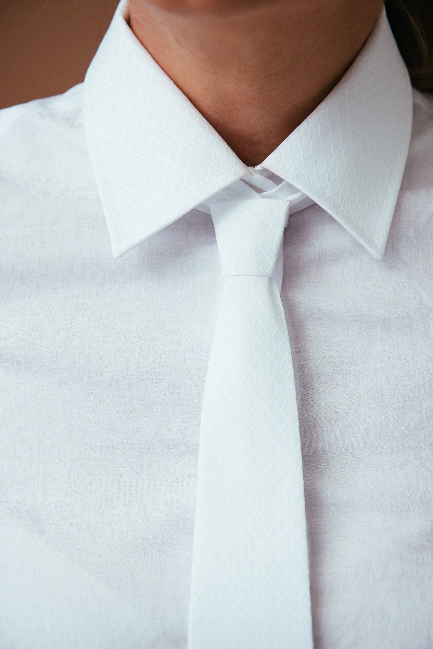 White Paisley Tie Neck Blouse: French Cuff Cotton Shirt