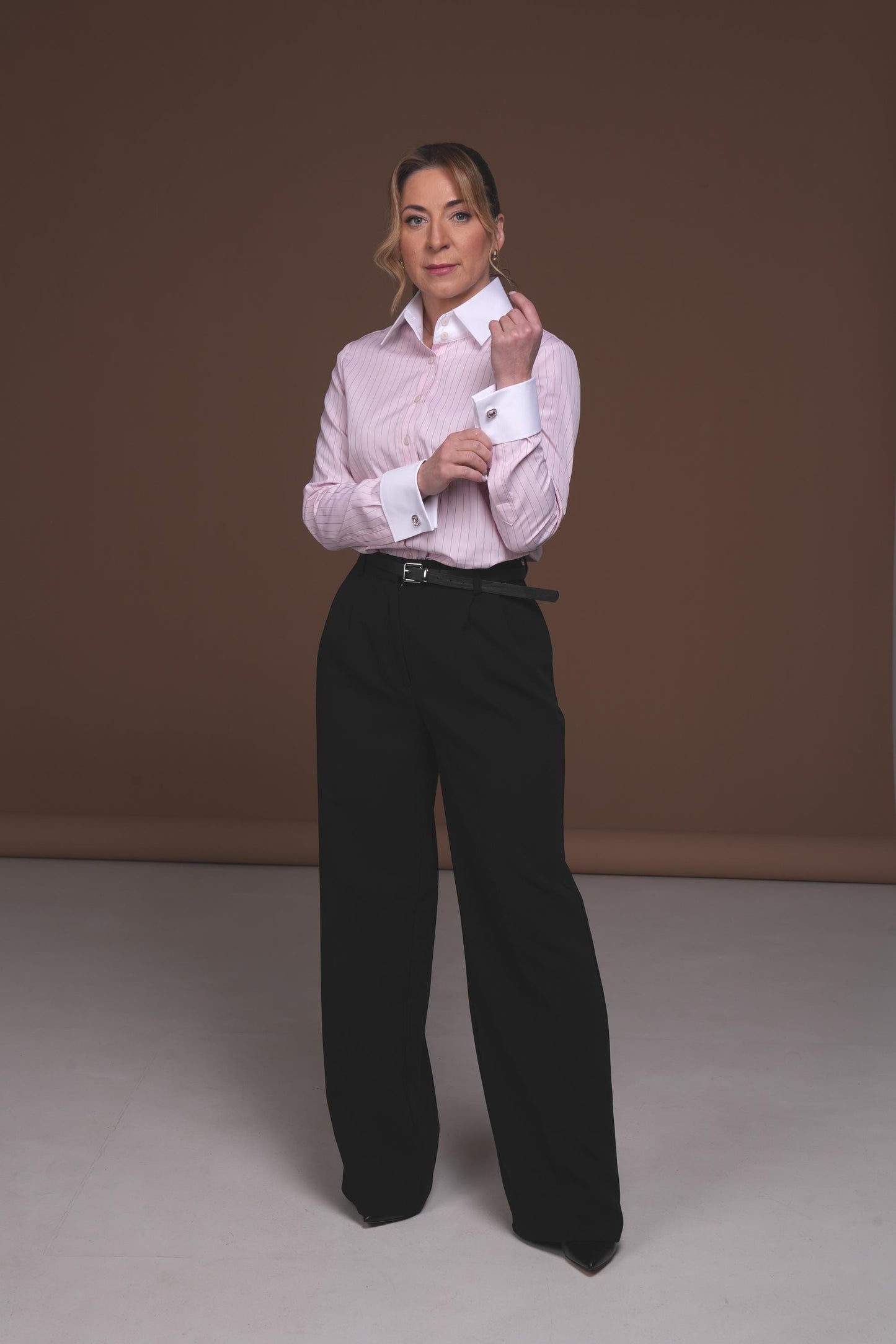 Pink Striped Blouse Shirt with White High Collar and French Cuffs for Cuff Links