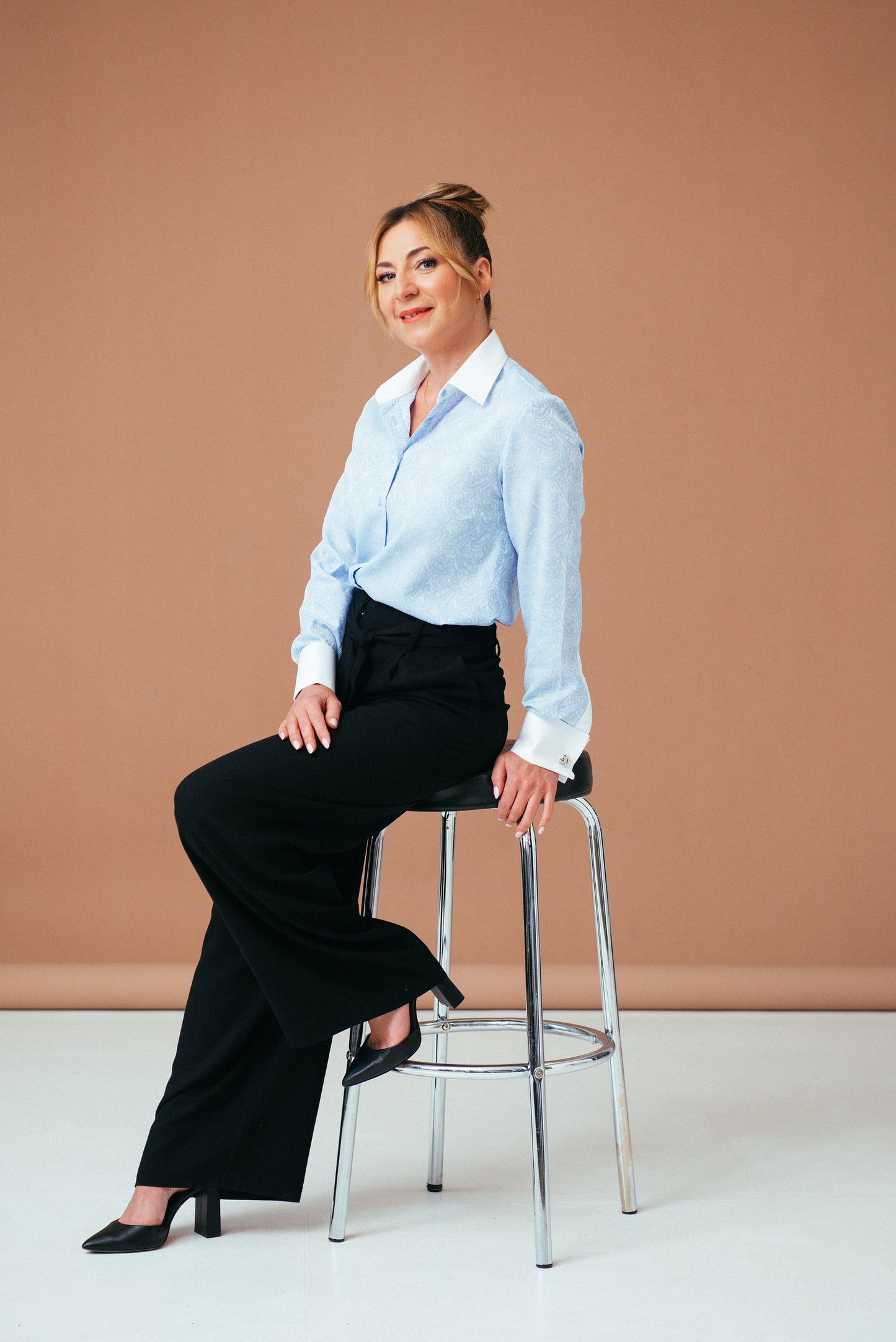 Light Blue Paisley Blouse: Cotton French Cuff Button-Down Shirt