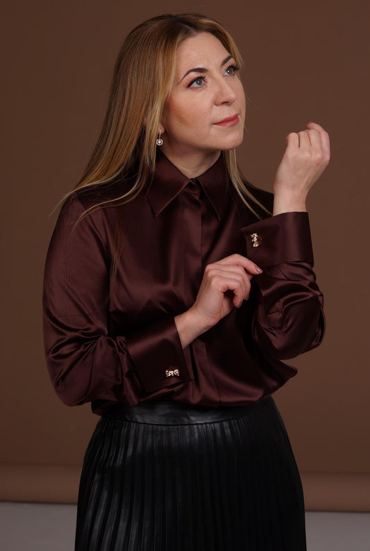 Mulberry Silk Blouse: Brown French Cuff Button-Down Shirt