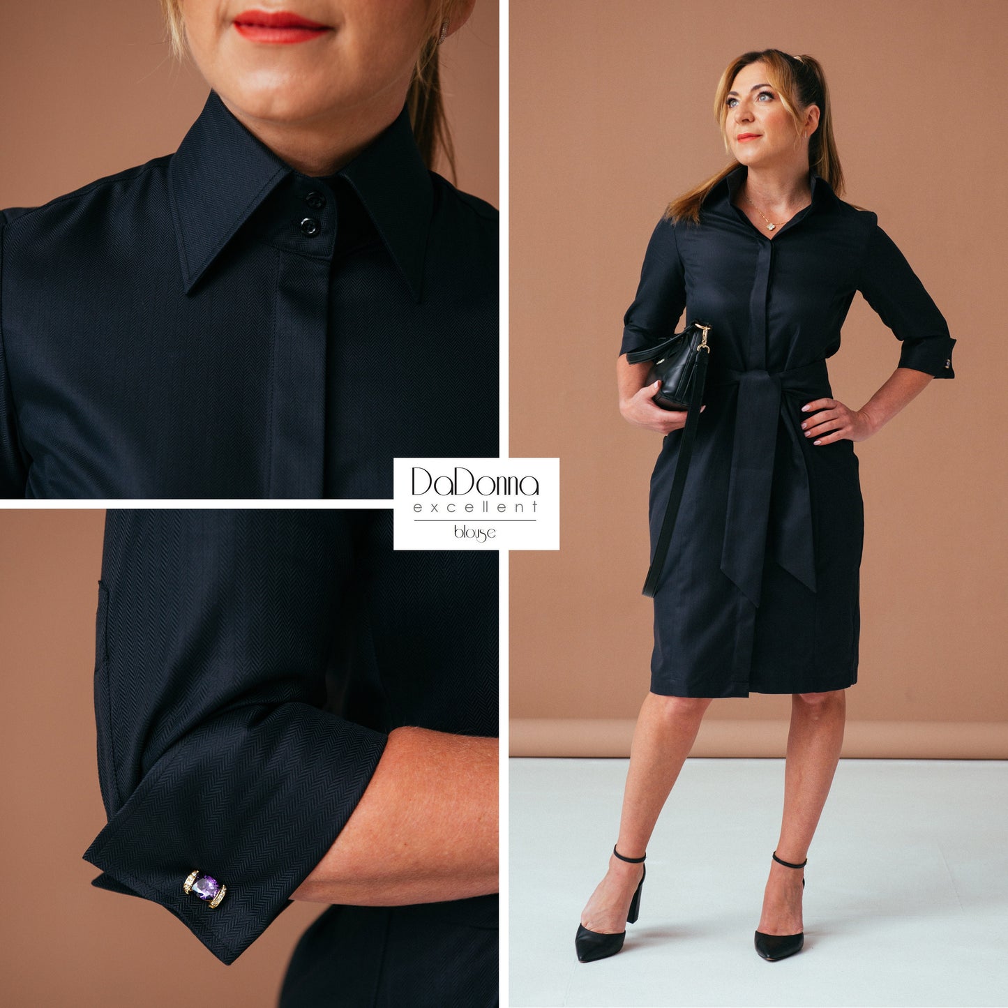 Black Cotton Midi Shirtdress: Belted Button-Down French Cuff Dress