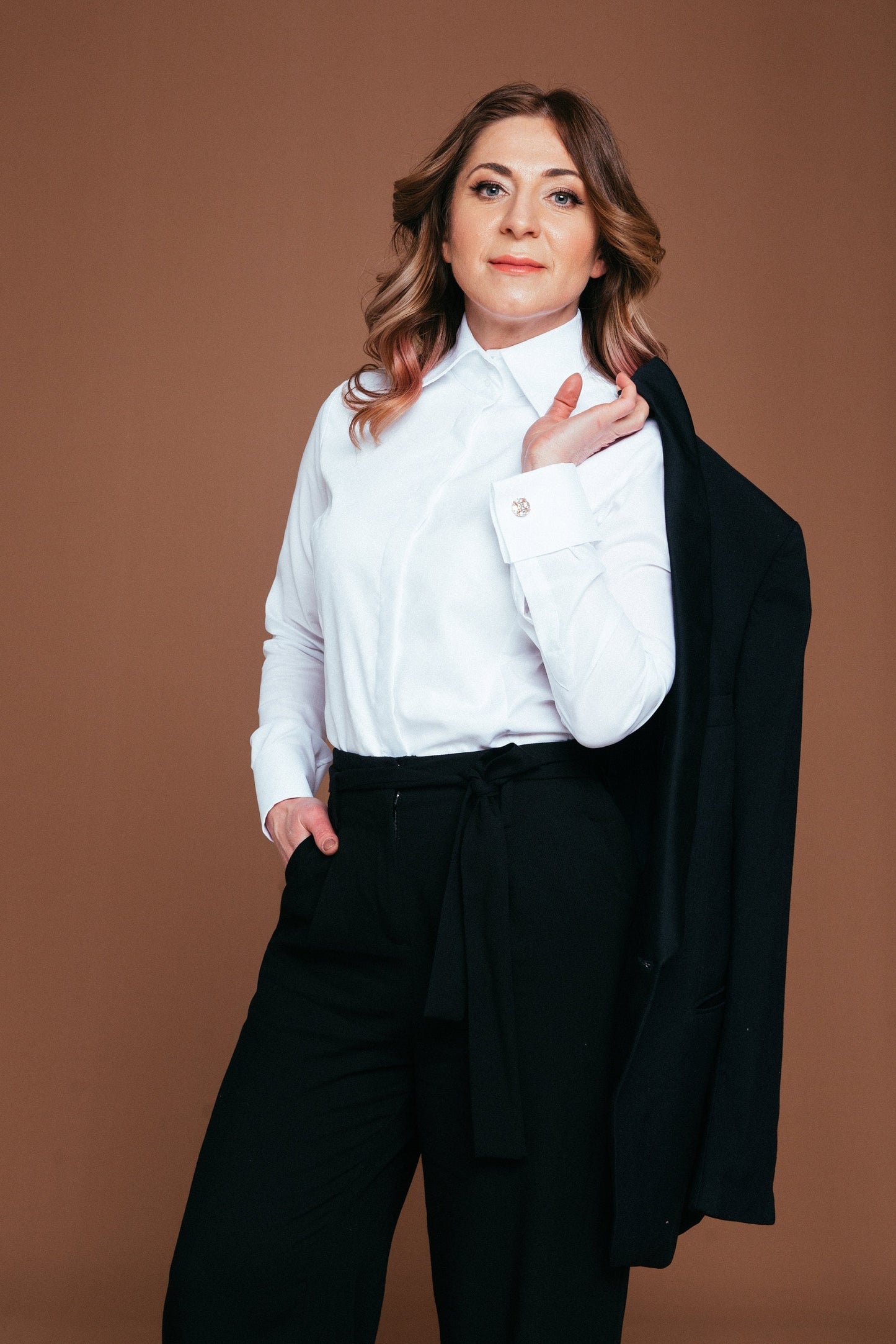 Non-Iron White Oxford Blouse: French Cuff Tuxedo Shirt