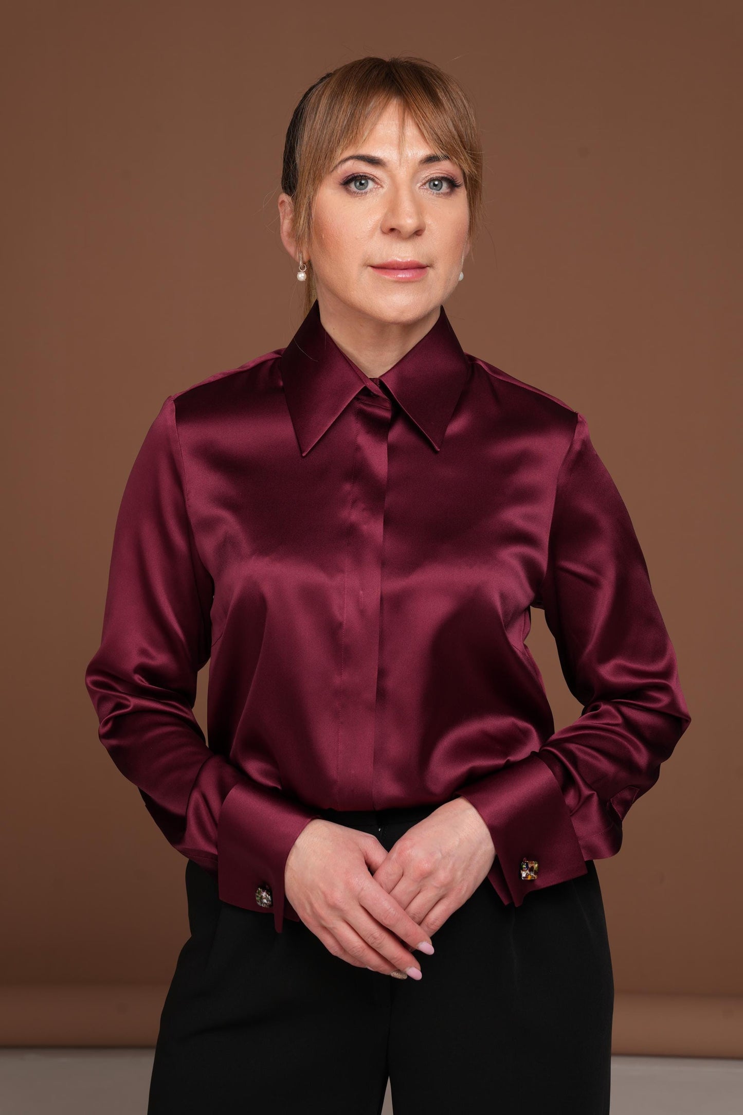 Burgundy Silk Blouse: Satin Shirt with French Cuffs
