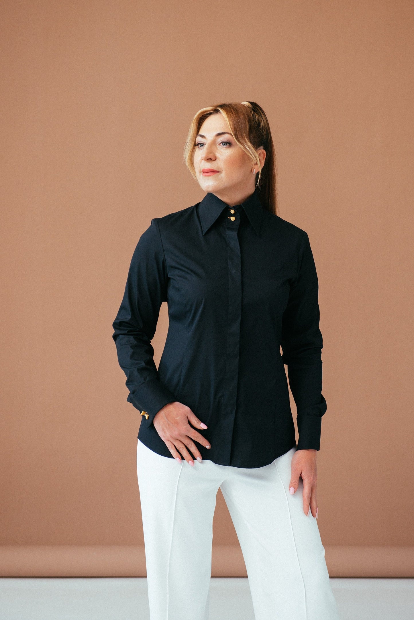 Black French Cuff Blouse: Slim Fit High Collar Cotton Shirt