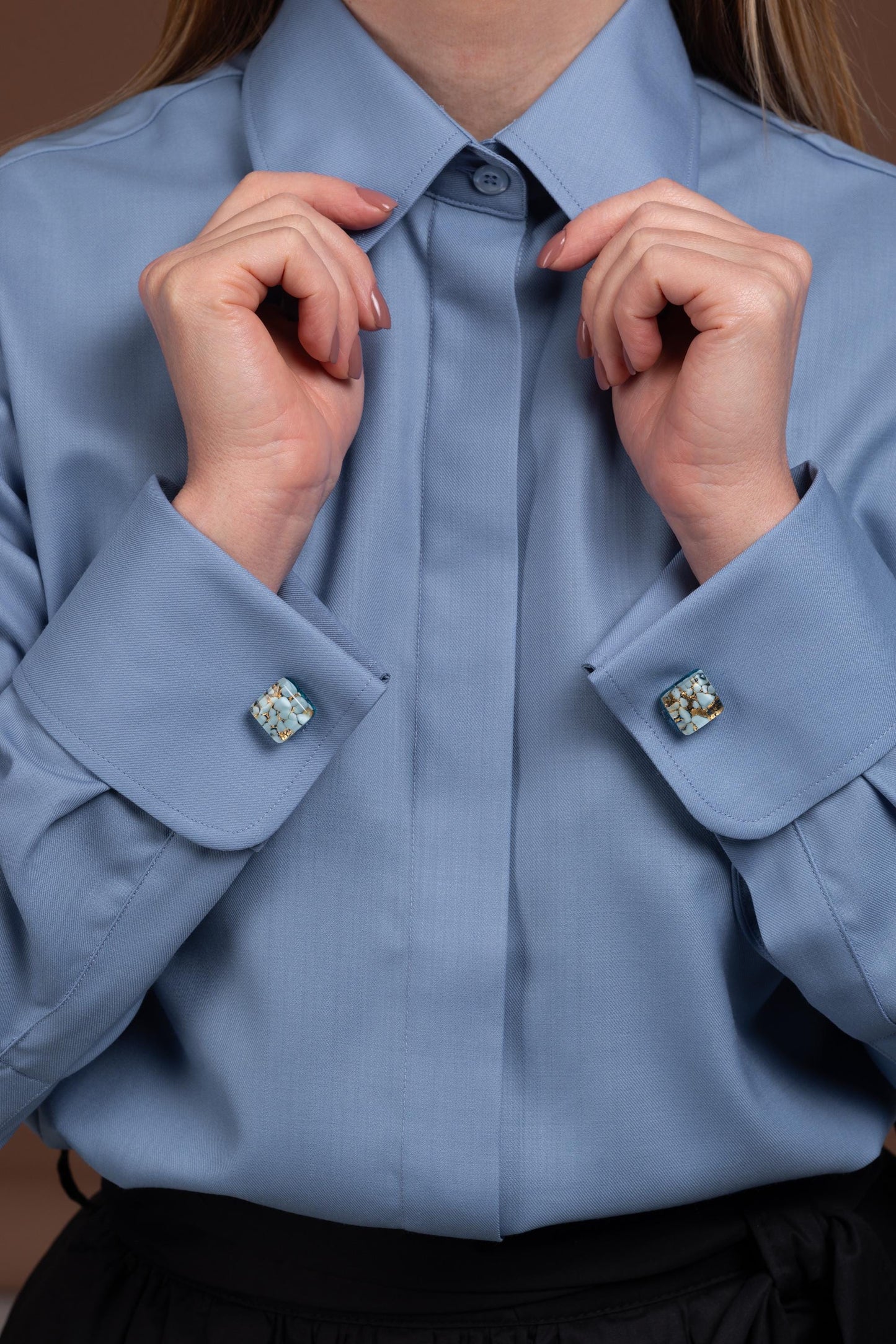 Blue Merino Wool Shirt: Women's French Cuff Button-Up Blouse